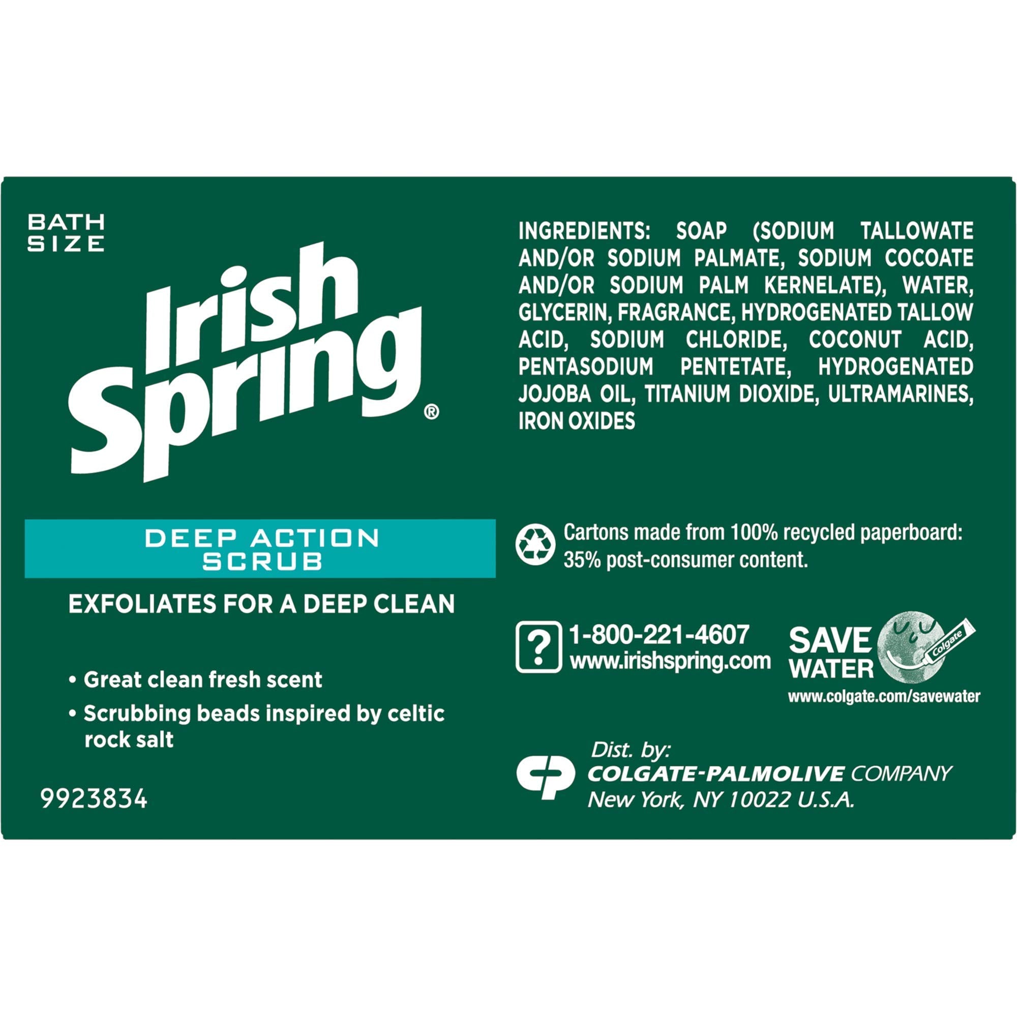 Irish Spring Deep Action Scrub bar soap packaging shows two-bars pack for daily use.