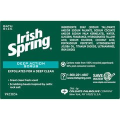 Irish Spring Deep Action Scrub bar soap packaging shows two-bars pack for daily use.