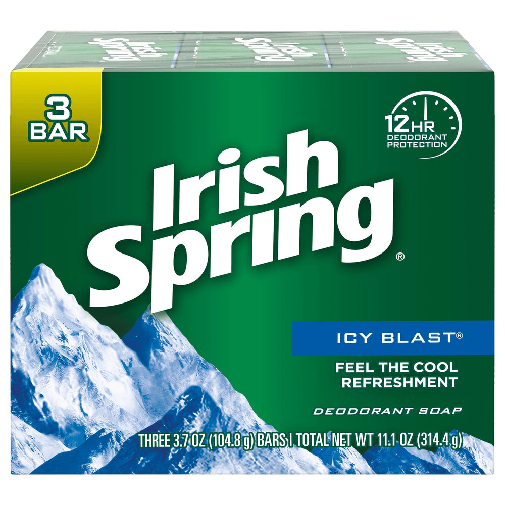 Irish Spring Icy Blast bath bar pack delivers refreshing cleanse and invigorating scent.