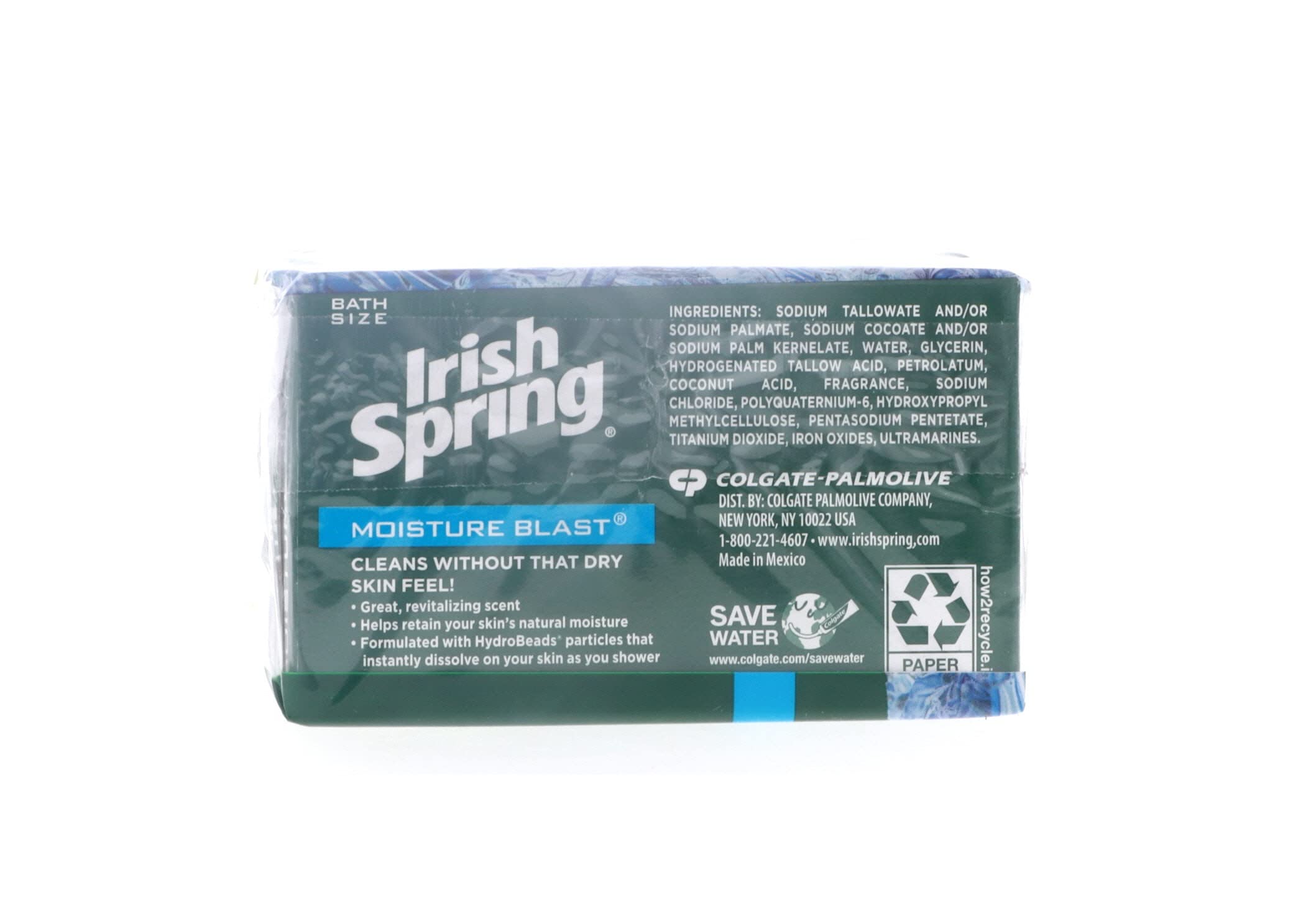 Irish Spring Moisture Blast bar soap bars on shelf ready for use.