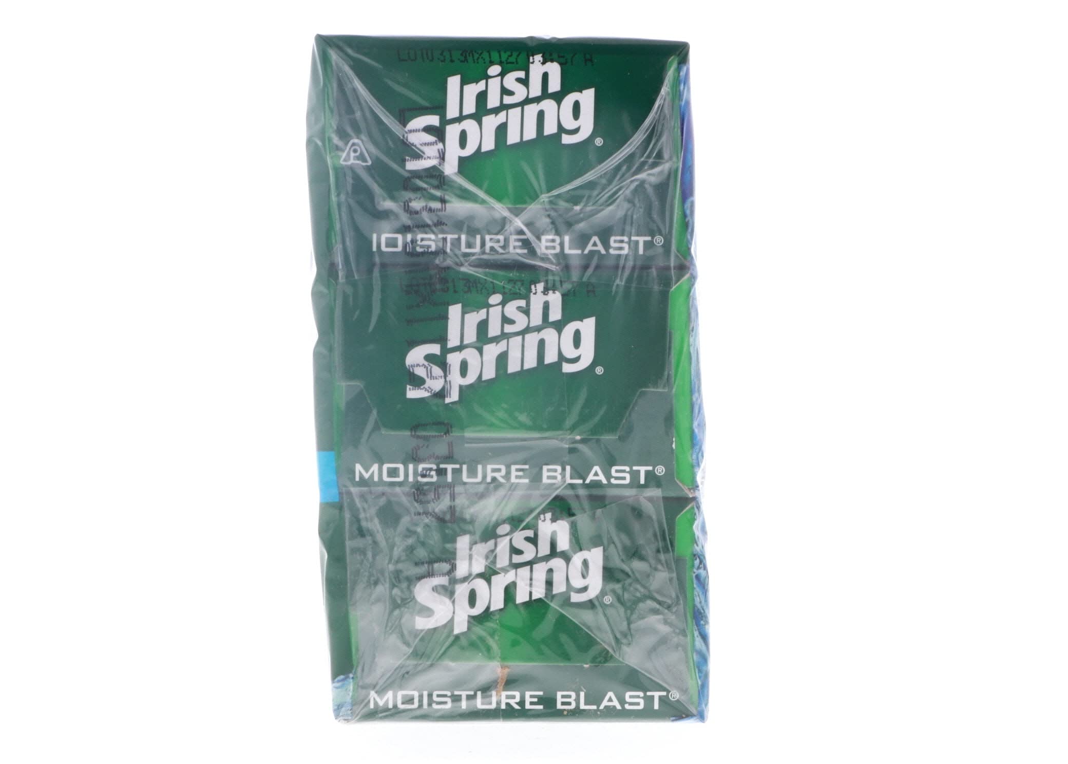 Irish Spring Moisture Blast bar soap lather closeup highlighting creamy foam.