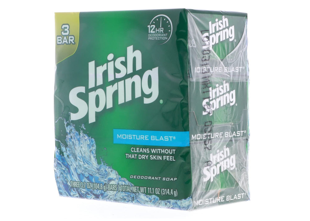 Irish Spring Moisture Blast bar soap side view showing compact bars.