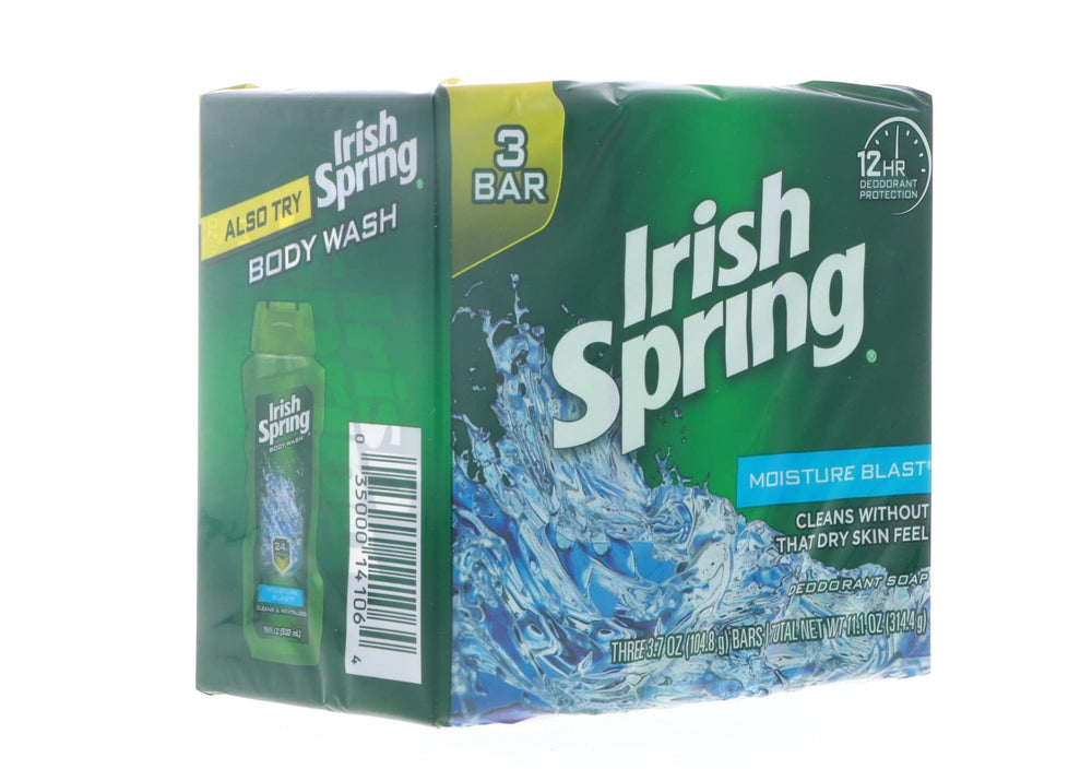 Irish Spring Moisture Blast bar soap wrapped pack for easy storage.