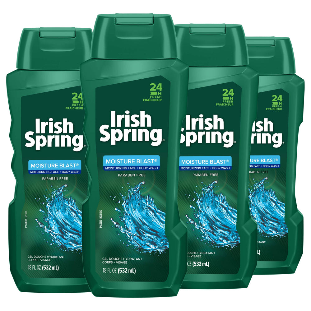 Irish Spring Moisture Blast bottle pour highlights hydration and a refreshing cleanse