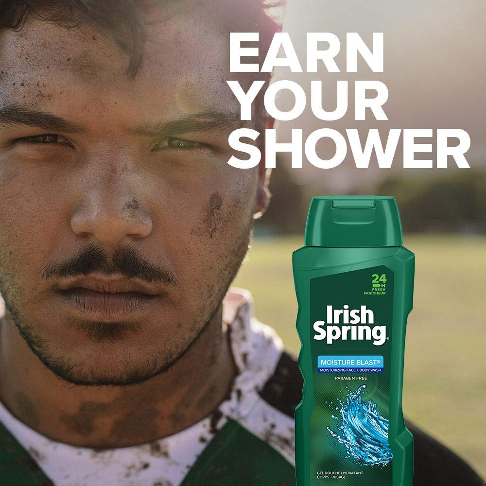 Irish Spring Moisture Blast fragrance splash signals a clean, invigorating scent for morning routines