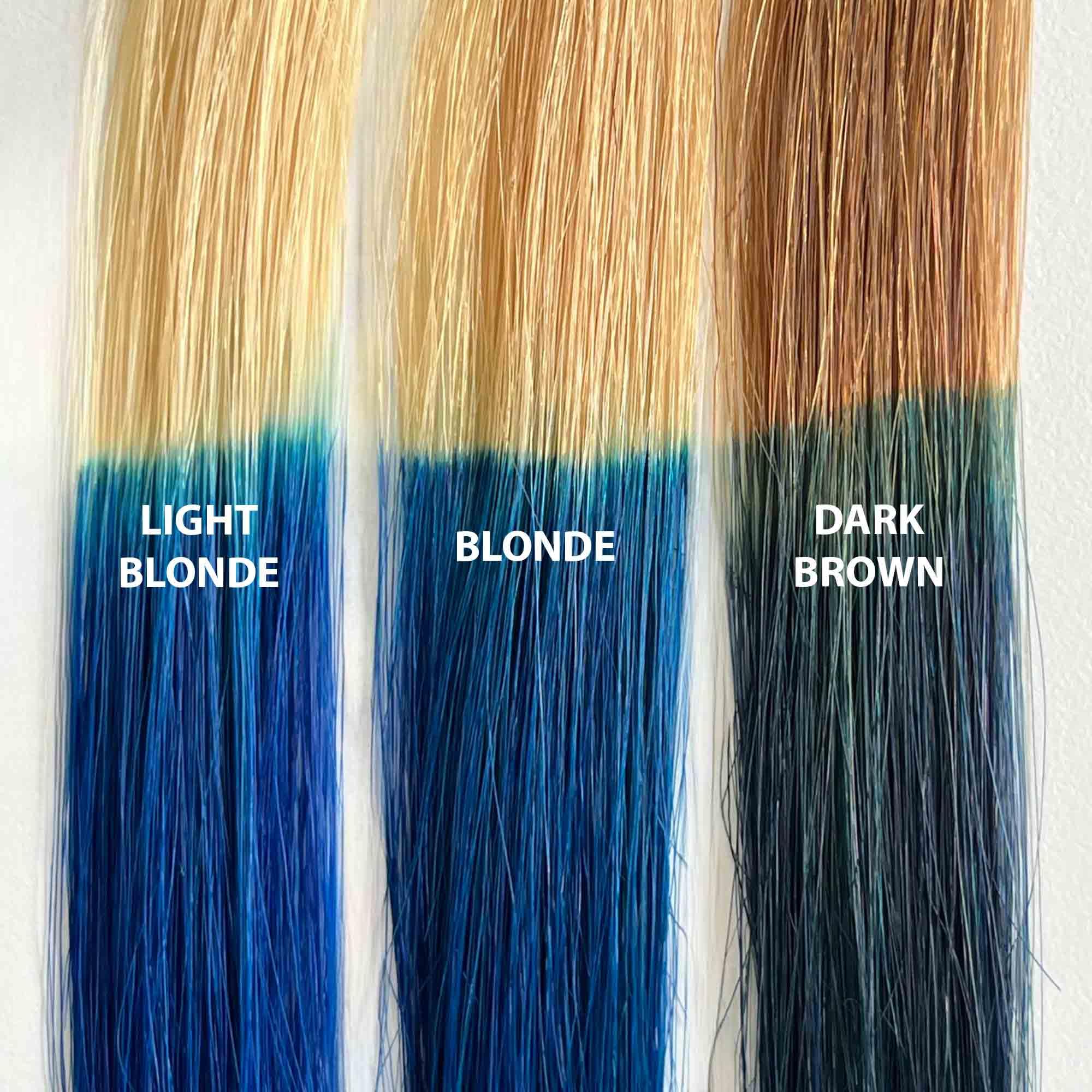 IROIRO vibrant neon blue hair swatch demonstrating lasting color.