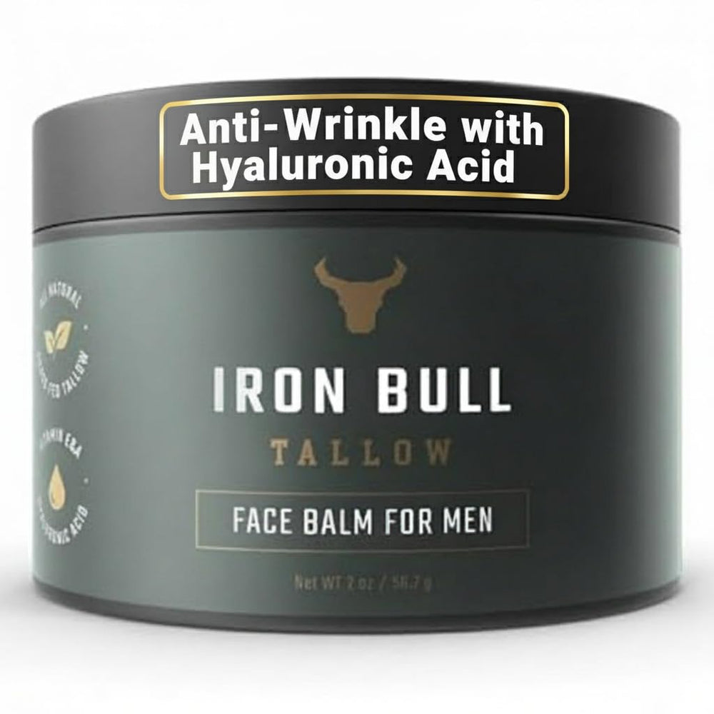 Iron Bull Tallow face moisturizer jar closeup, highlighting natural texture for daily anti-aging care.