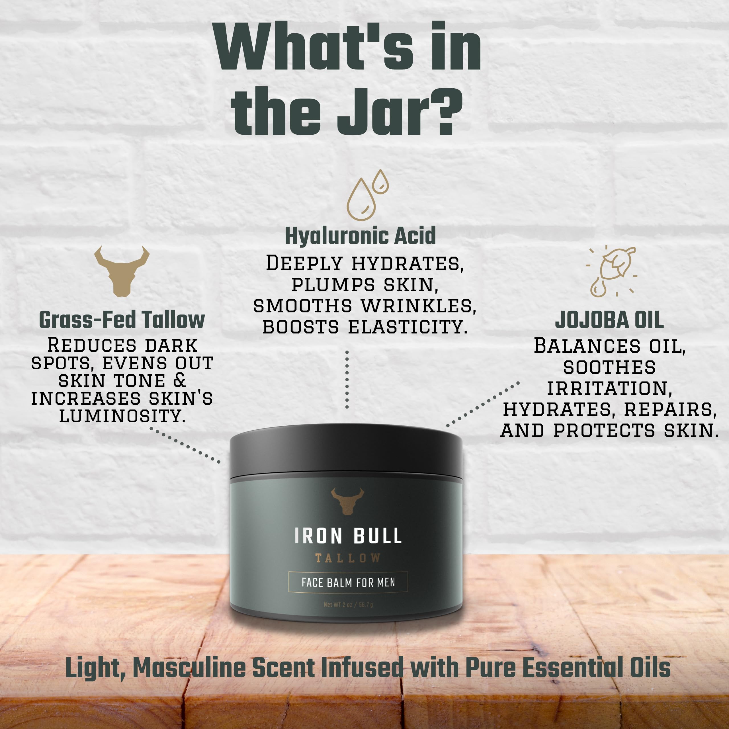 Iron Bull Tallow jar highlighting hyaluronic acid, illustrating hydration for smoother-looking skin.