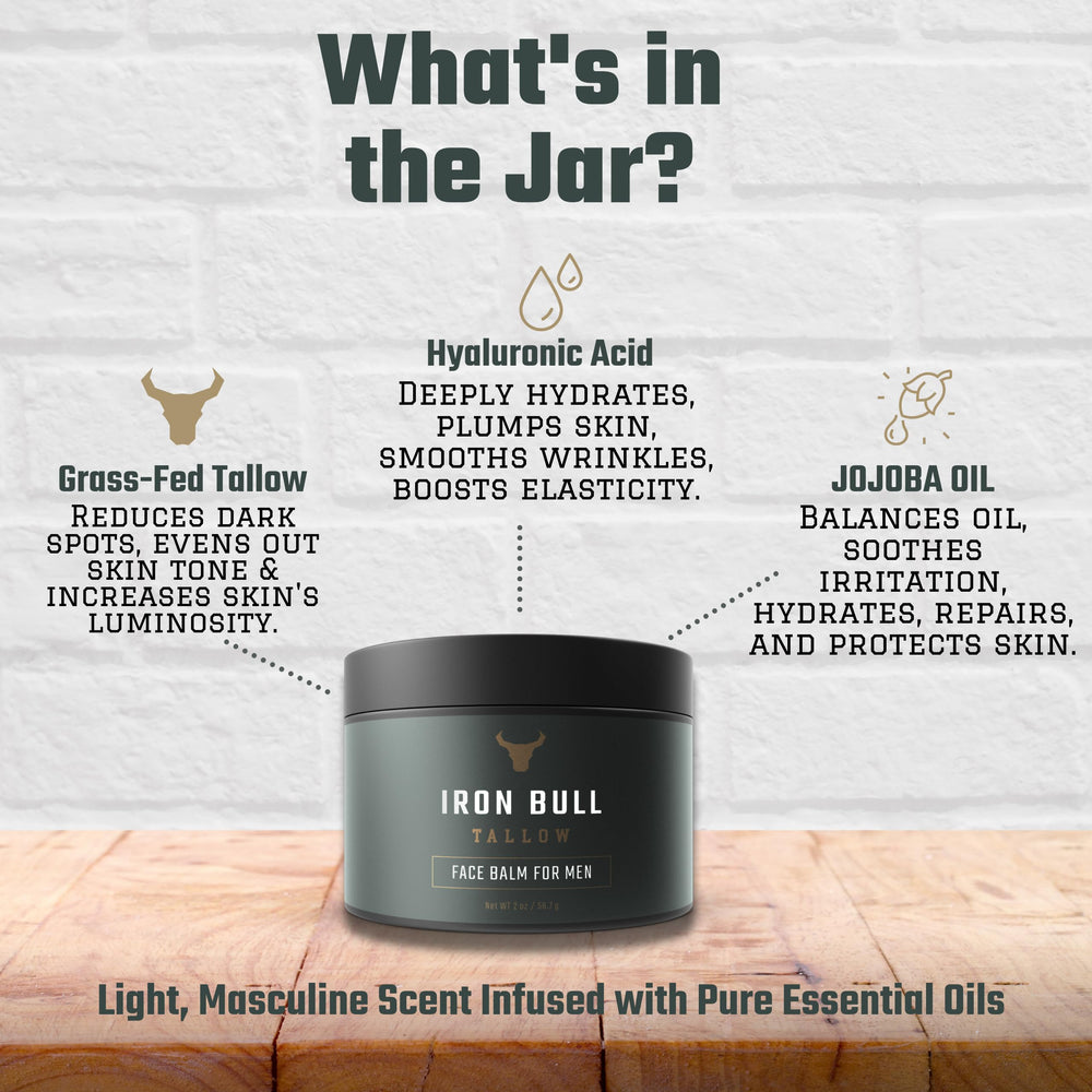 Iron Bull Tallow jar highlighting hyaluronic acid, illustrating hydration for smoother-looking skin.
