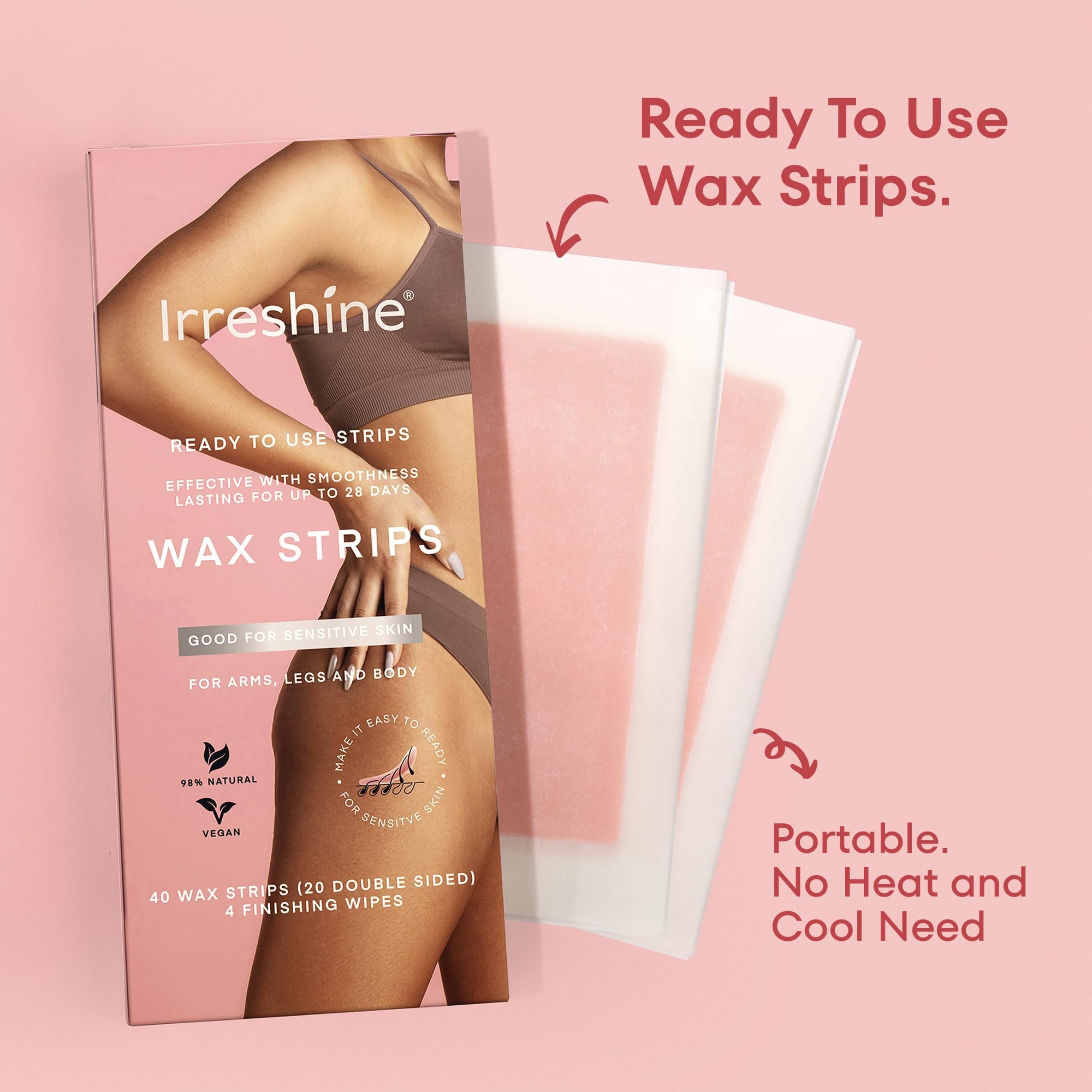 Irreshine wax strips on legs provide full-area waxing for long-lasting smoothness
