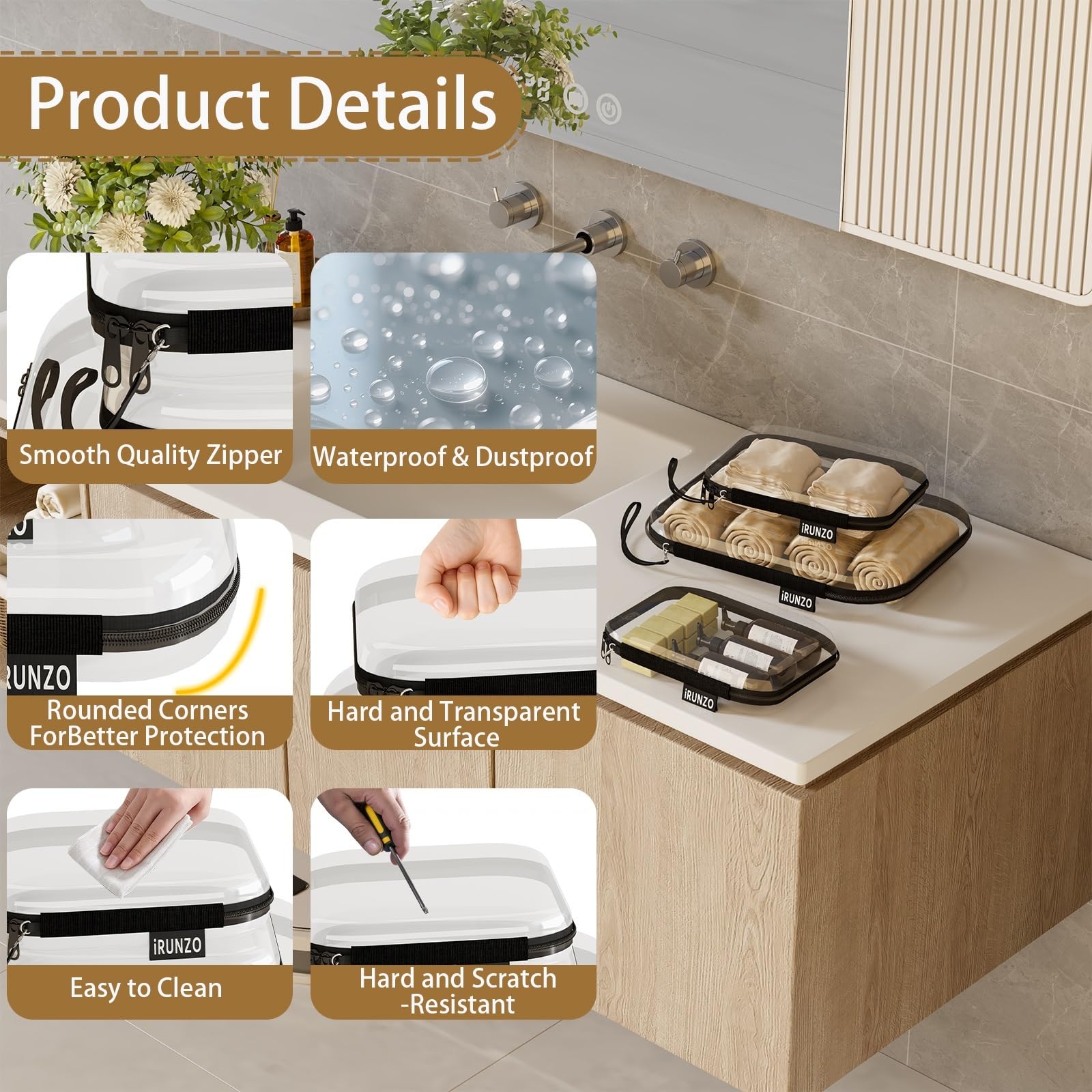 iRUNZO travel-friendly case keeps toiletries and chargers visible