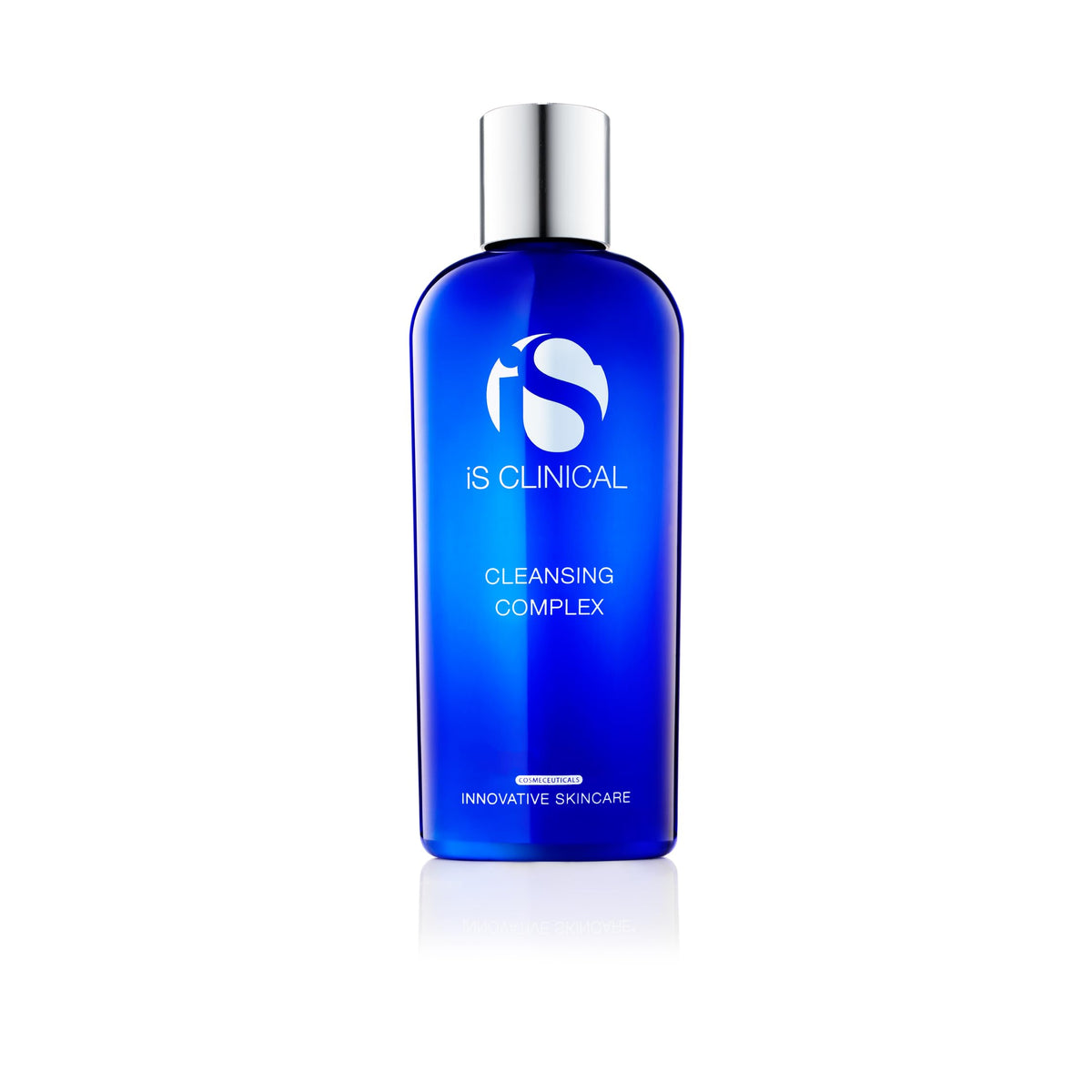 iS CLINICAL Cleansing Complex bottle closeup shows a paraben-free 3in1 cleanser for all skin types.