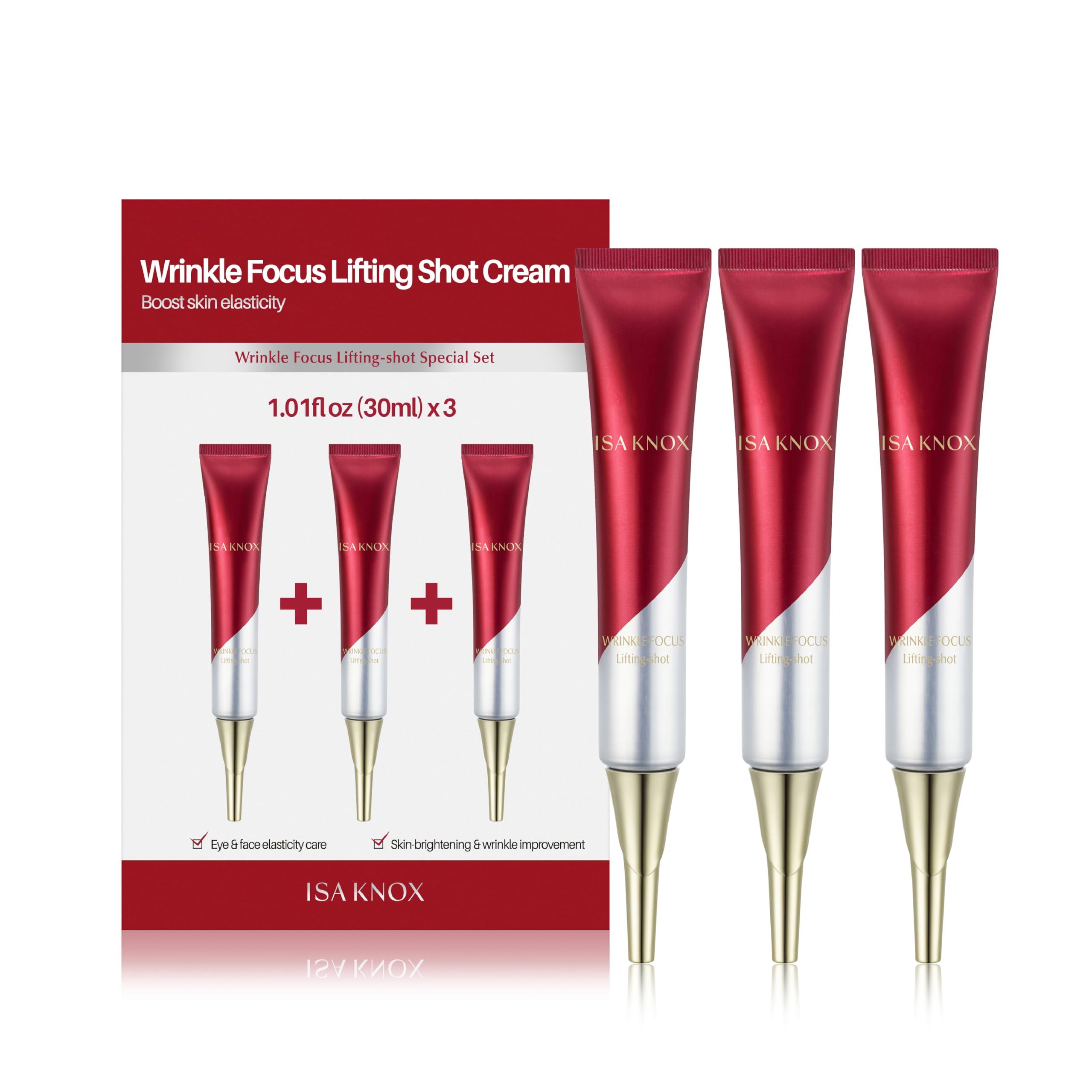 ISA KNOX Wrinkle Focus Shot cream packaging three-pack for a complete anti-wrinkle routine.