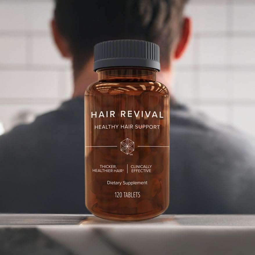 Isagenix Hair Revival on bathroom shelf, depicting easy daily routine for hair care.