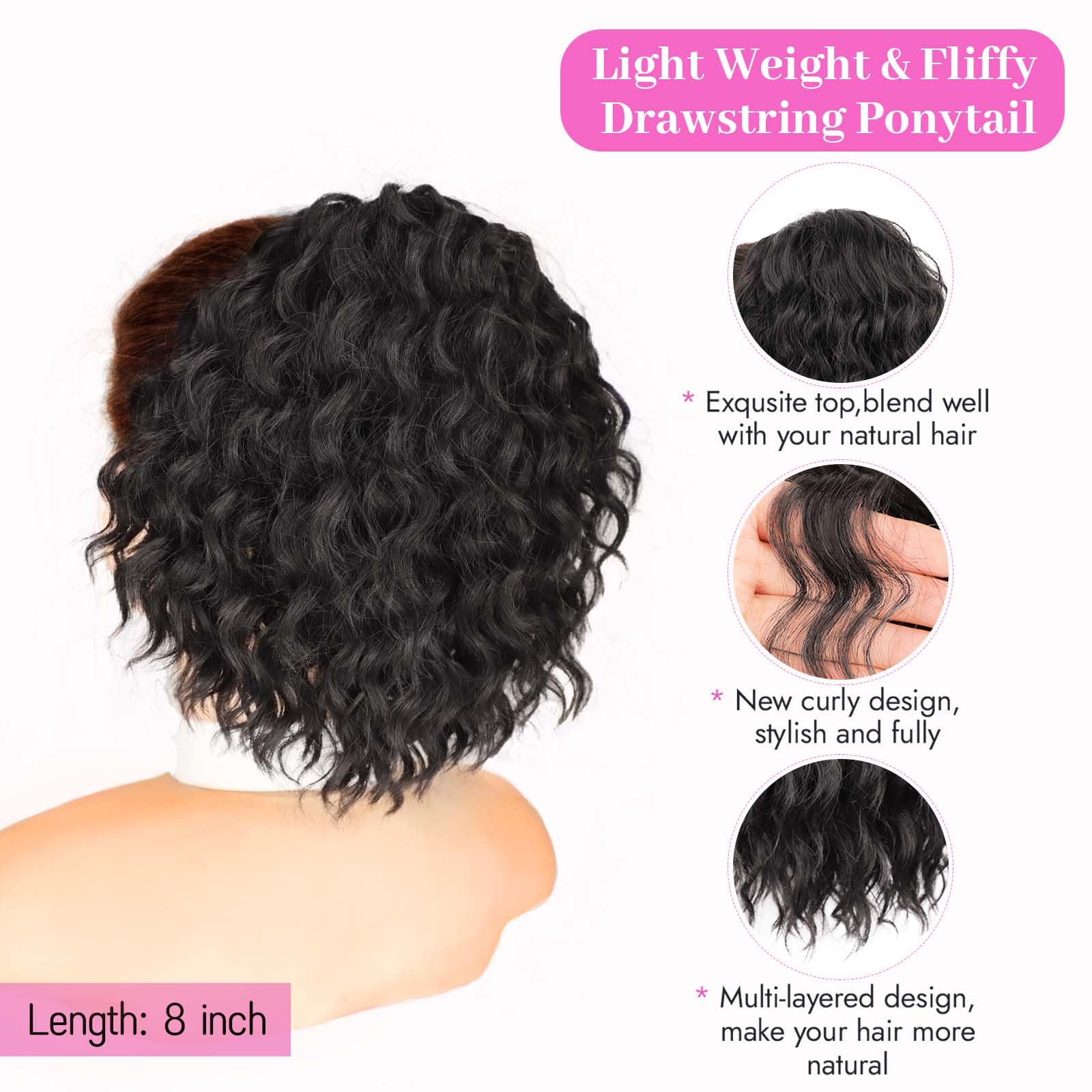 Isaic ponytail extension 8in jet black back view demonstrates seamless blend with real hair.