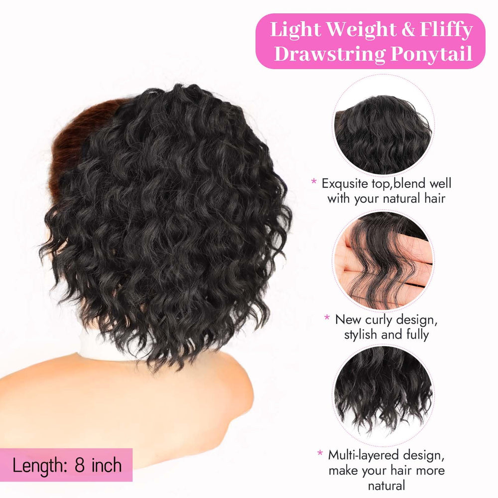 Isaic ponytail extension 8in jet black back view demonstrates seamless blend with real hair.