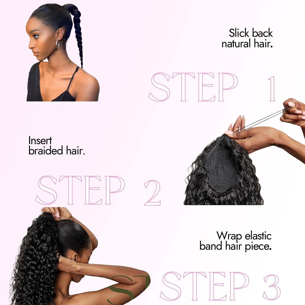 Isaic ponytail extension 8in jet black drawstring closeup shows adjustable secure wrap.