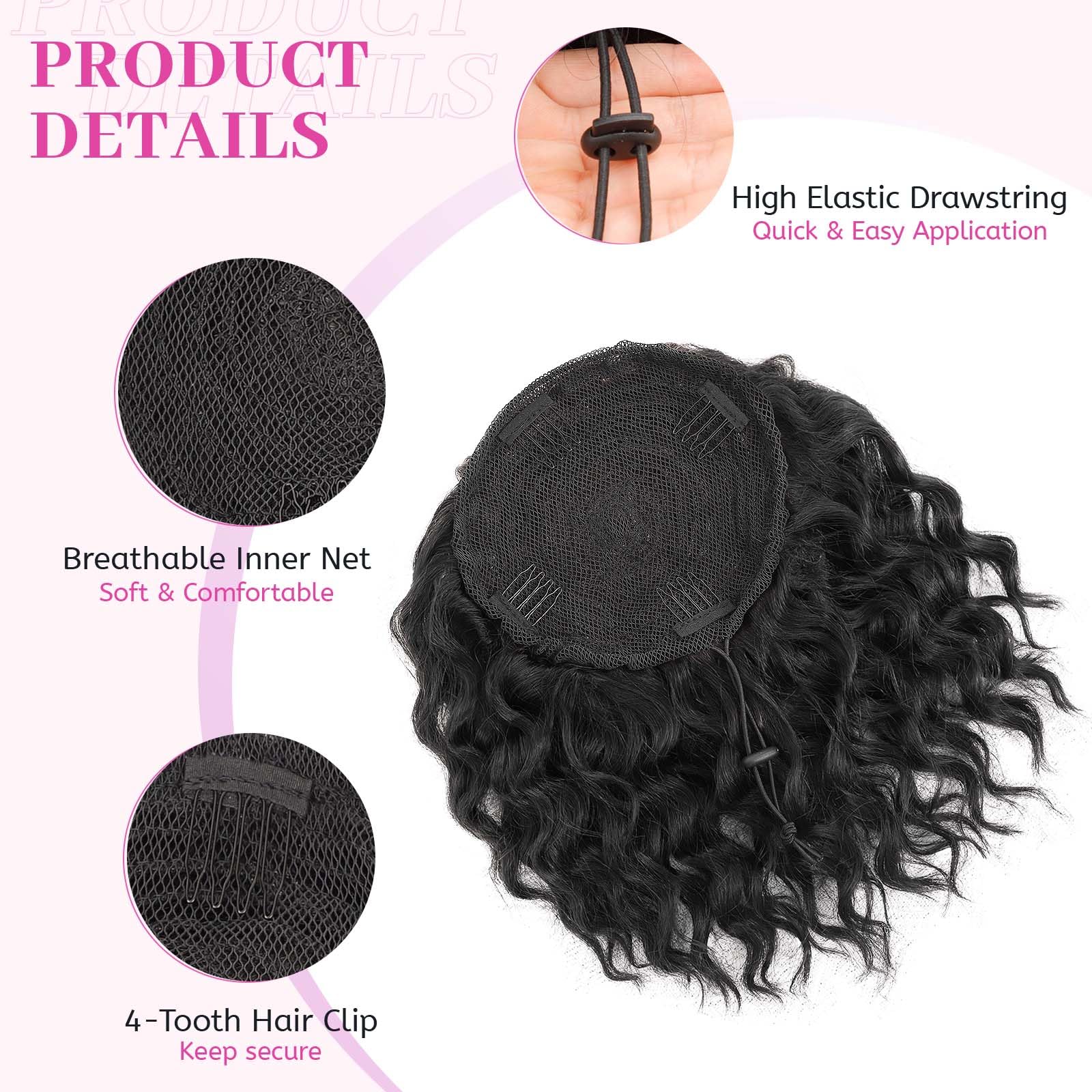 Isaic ponytail extension 8in jet black side view highlights volume and realistic texture.