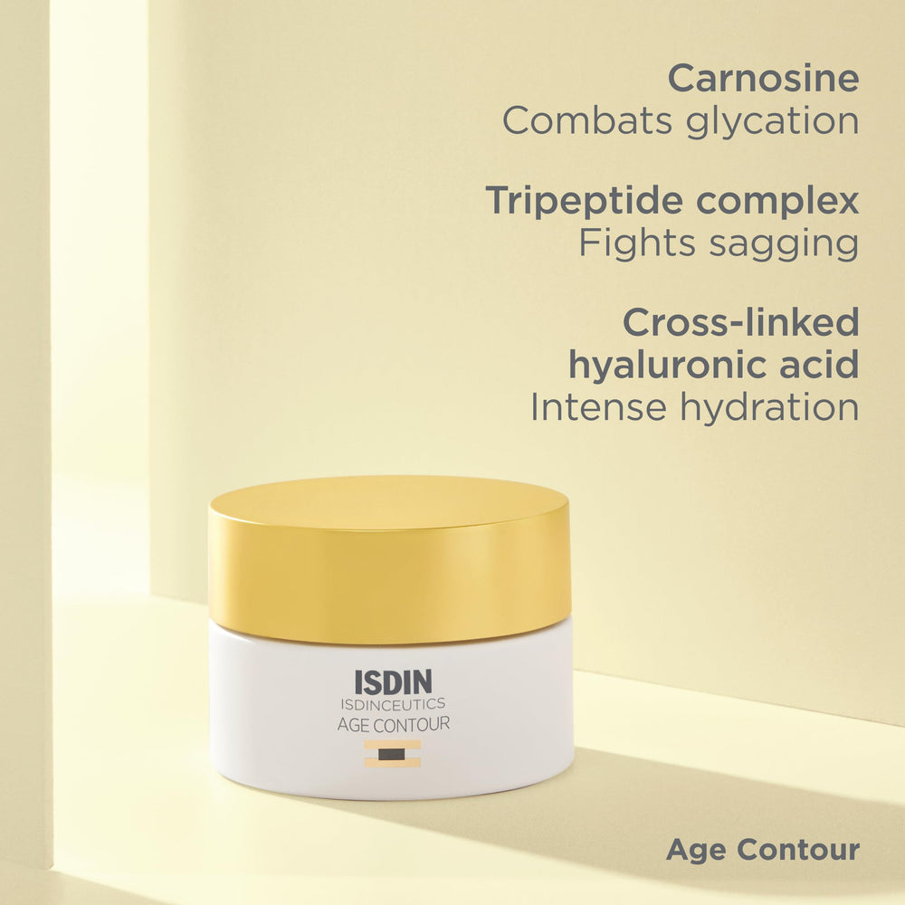 ISDIN Age Contour Cream application motion shows massaging into cheeks and jawline