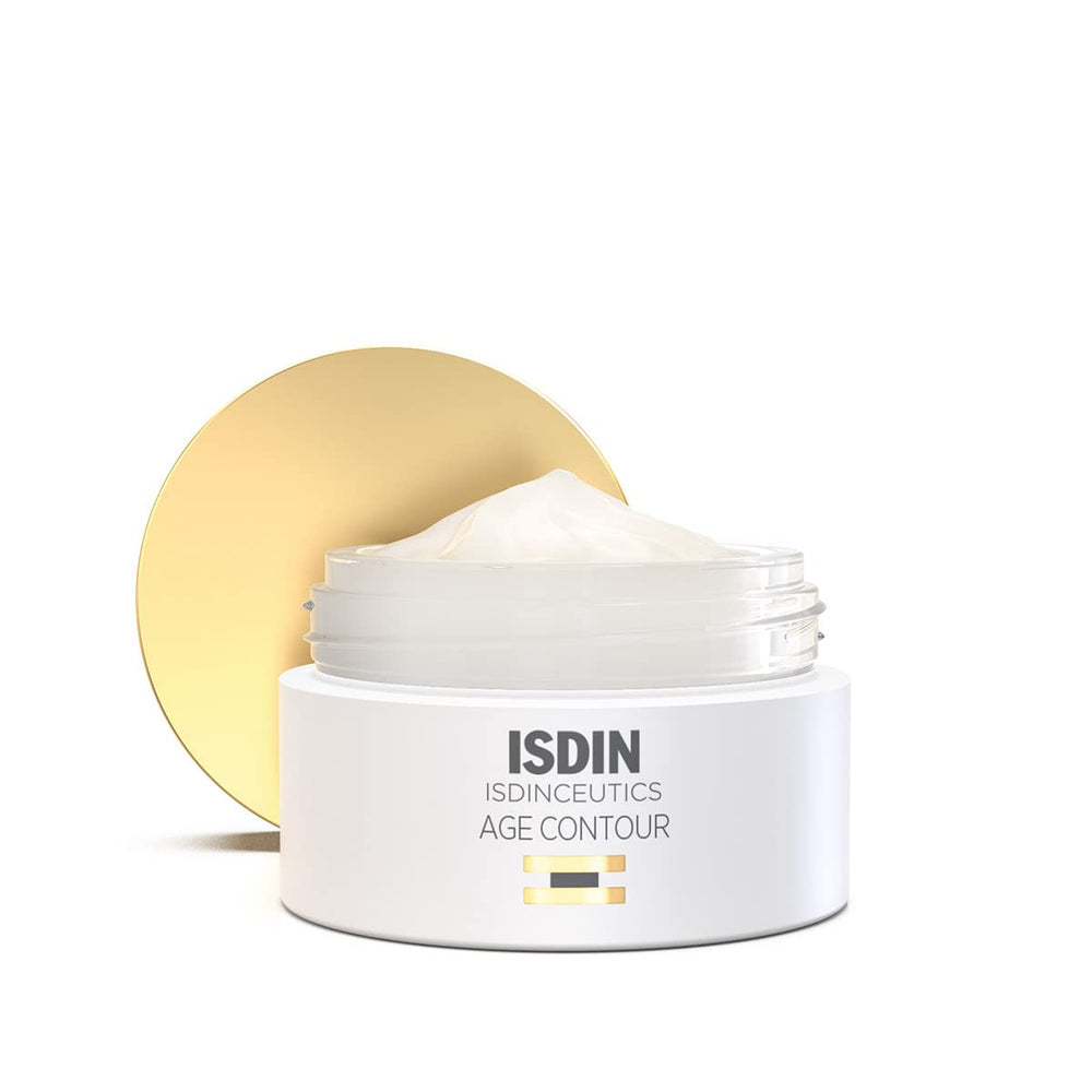 ISDIN Age Contour Cream bottle close-up showcases hydrating formula for smoother, firmer skin