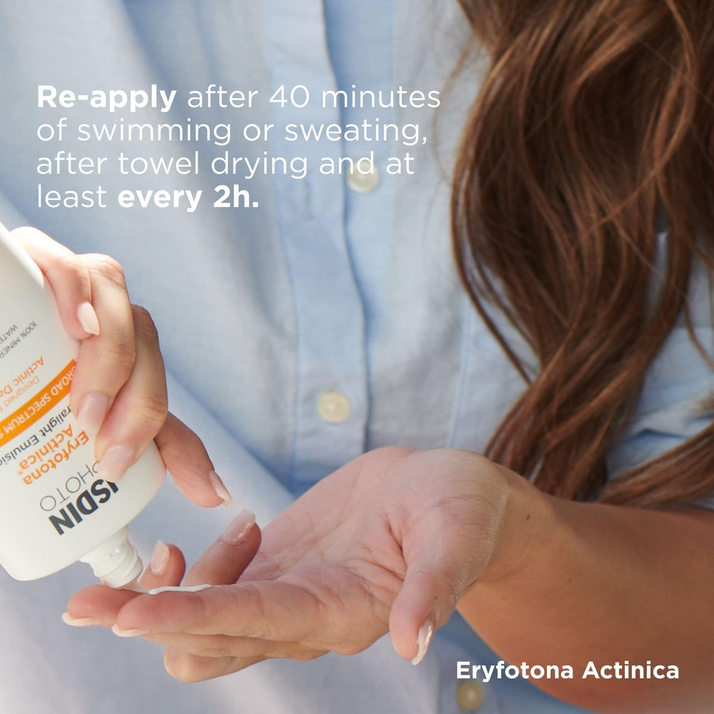 ISDIN Eryfotona Actinica packaging front shows compact, travel-friendly sunscreen for on-the-go protection