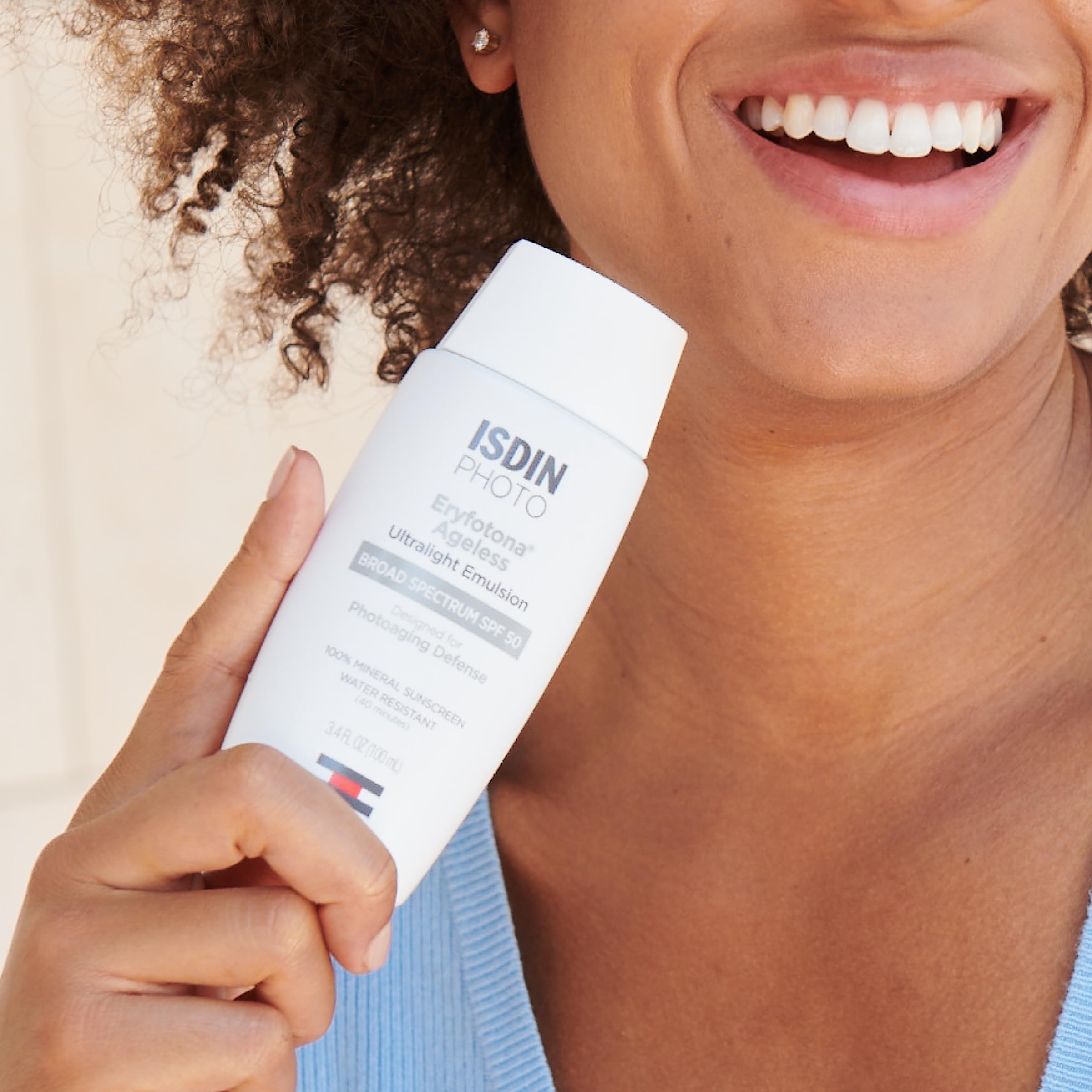 ISDIN tinted sunscreen swatch showing natural finish and even skin tone.