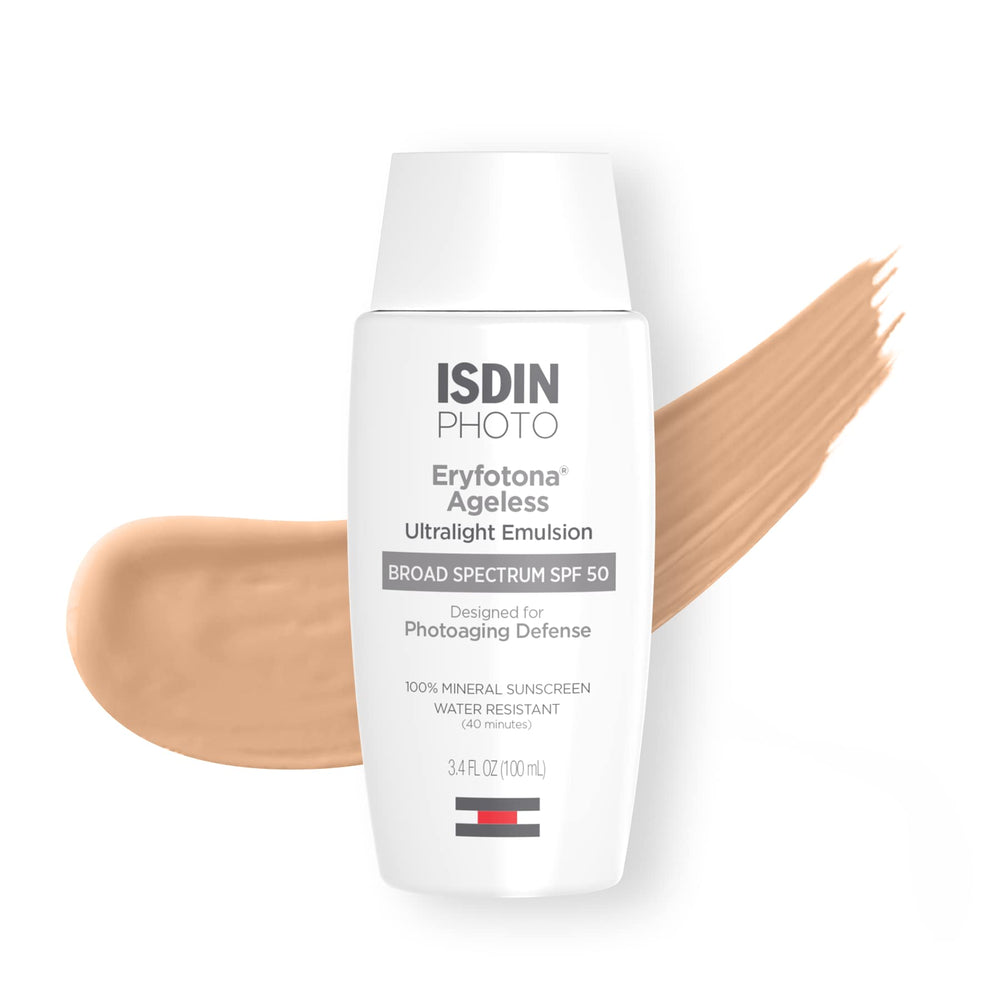 ISDIN Eryfotona Ageless tinted sunscreen travel-size tube with SPF 50 protection.