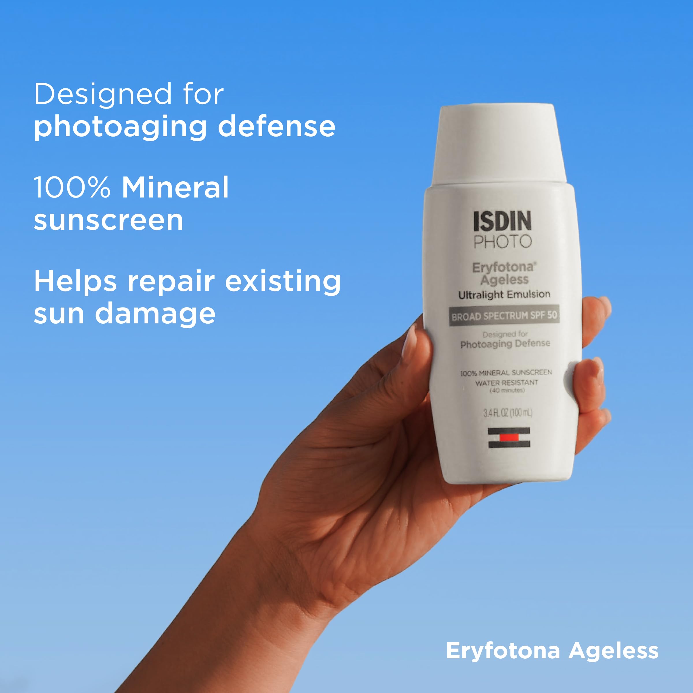 ISDIN SPF 50 label highlights strong UV protection.