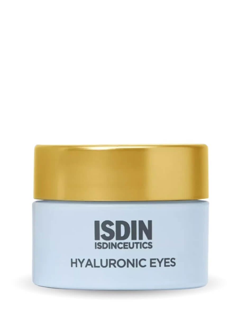 ISDIN Hyaluronic Eyes cooling gel application shows instant hydration and eye contour refreshment.