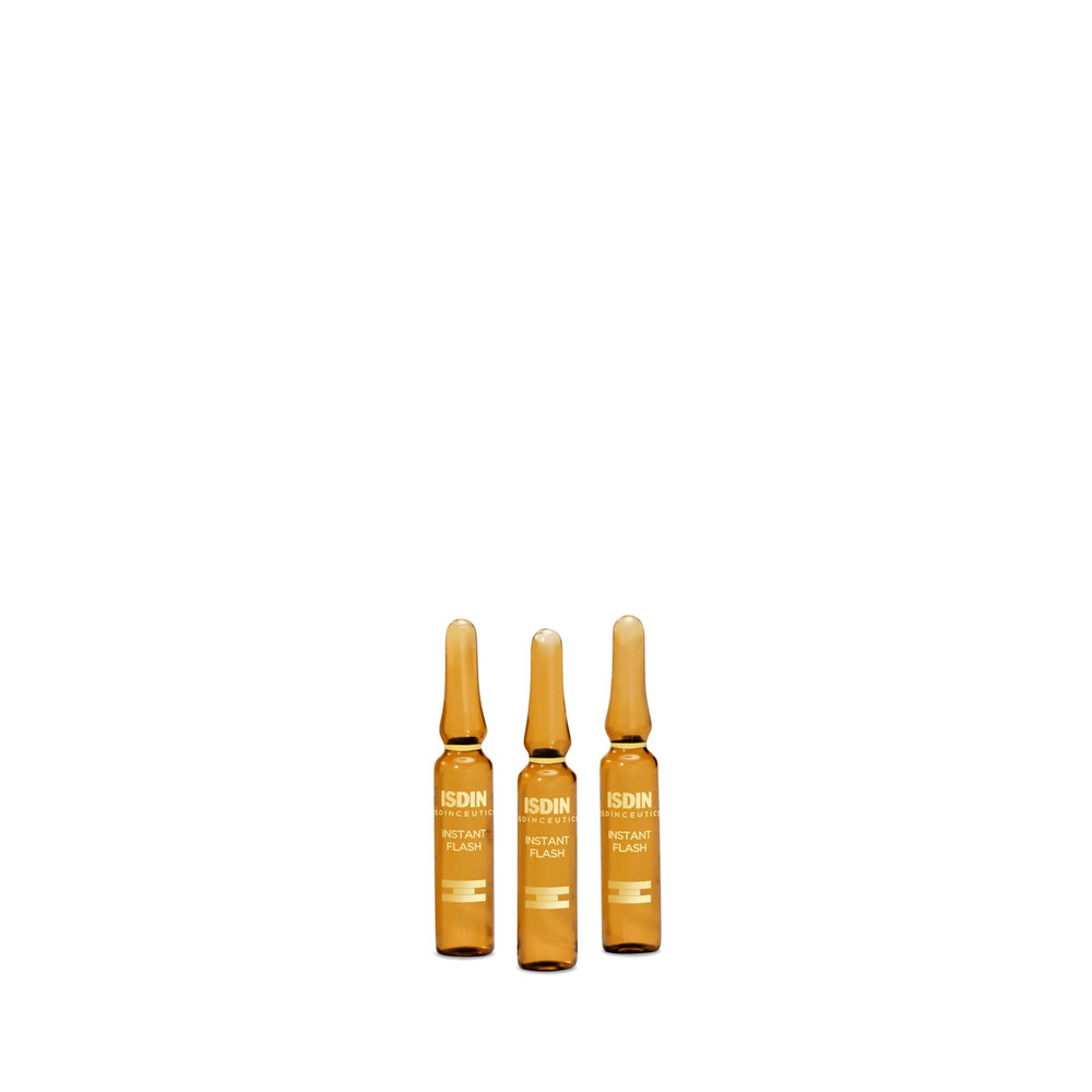 ISDIN Instant Flash Serum packaging shows travel-friendly, on-the-go hydration and lift