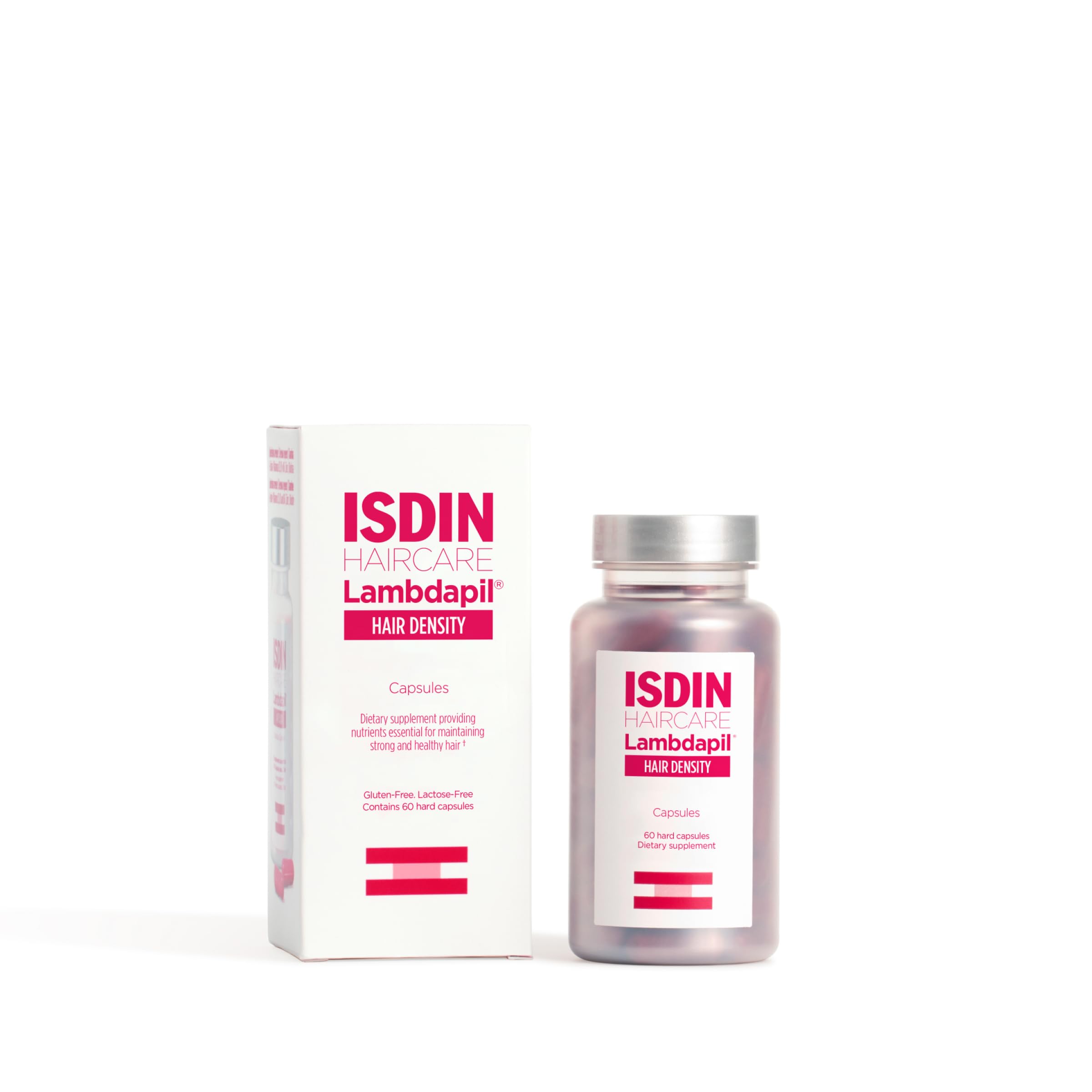 ISDIN Lambdapil bottle-front view for daily hair nourishment with 60 capsules.