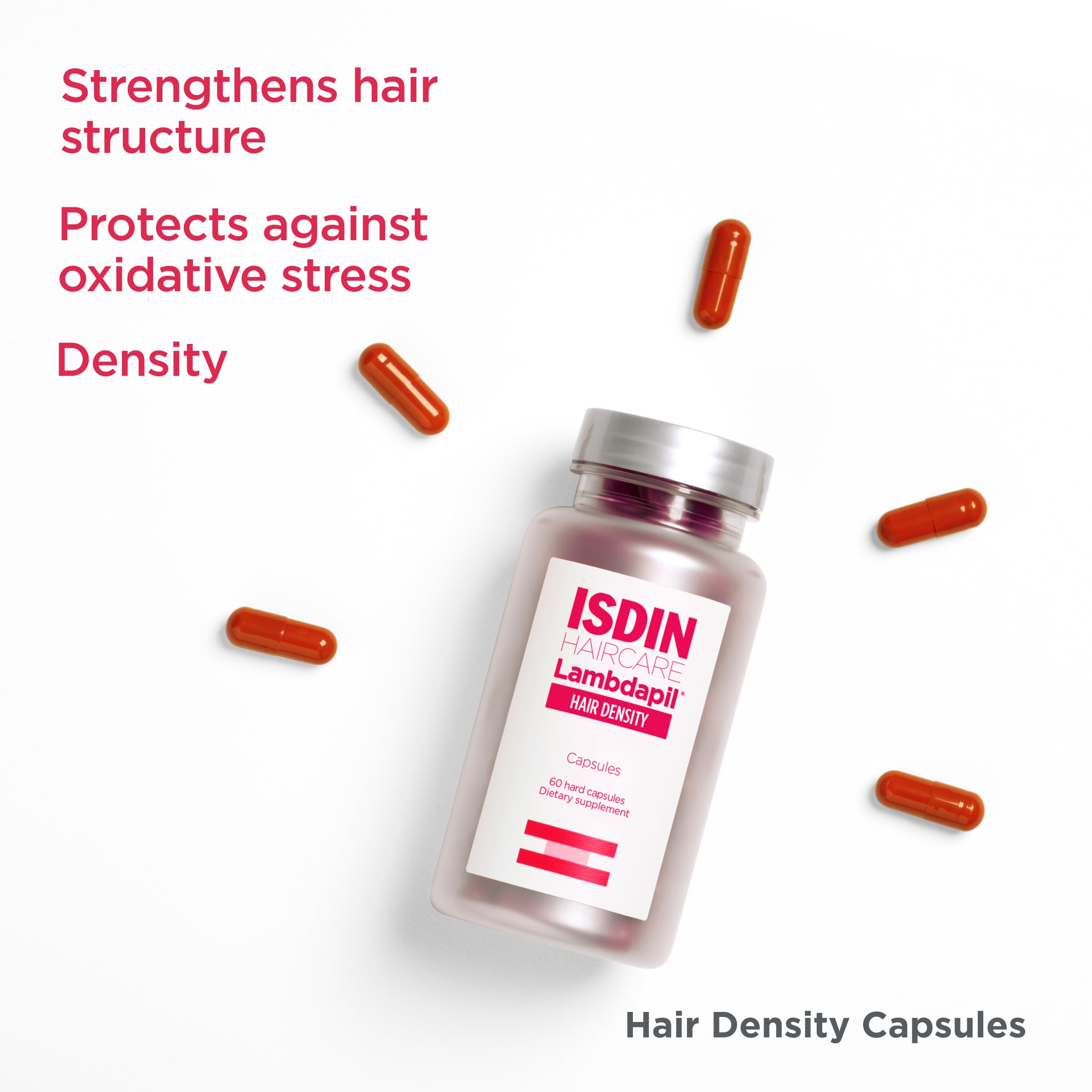 ISDIN Lambdapil bottle and capsules shown in a morning routine setting.
