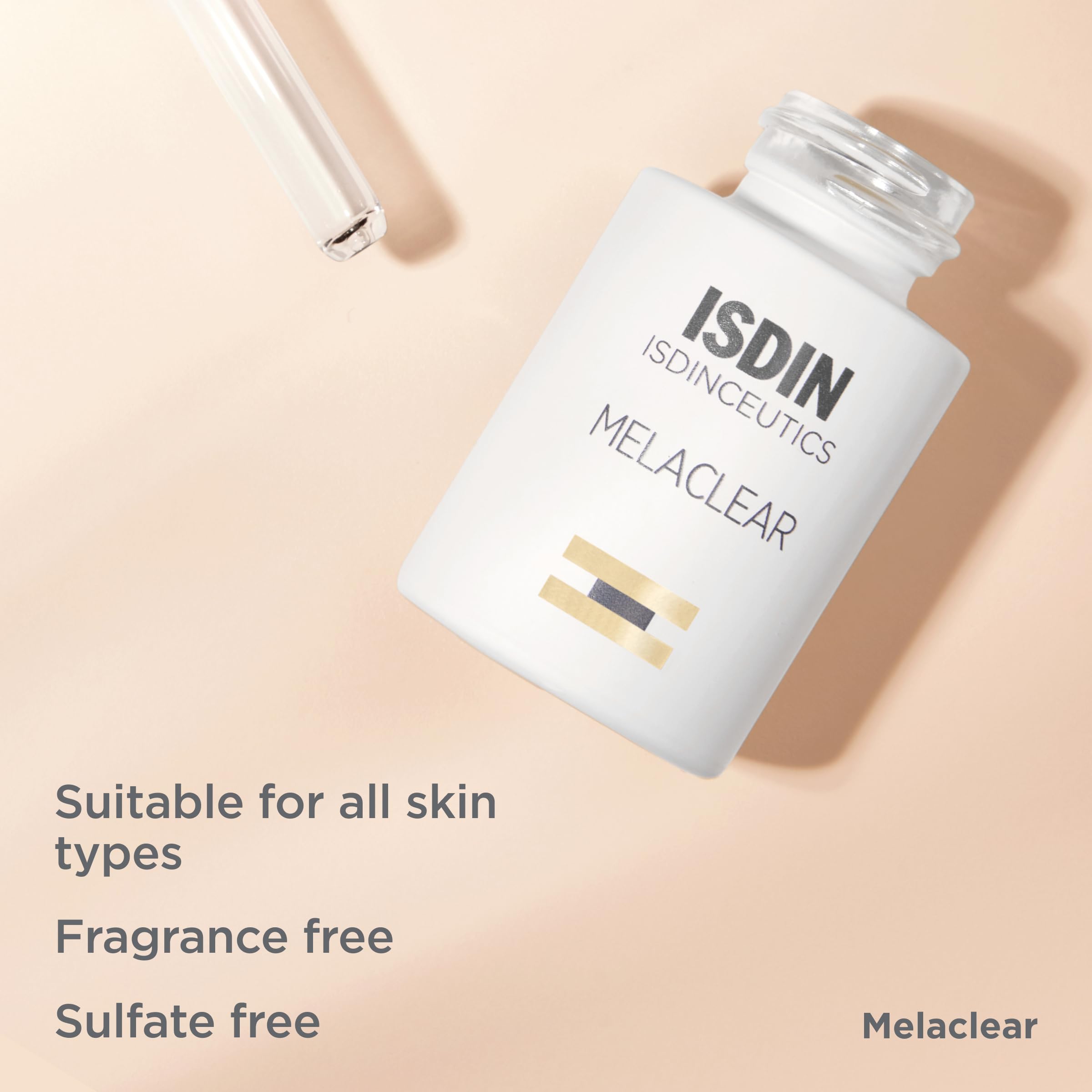 Isdin Melaclear before-after montage suggesting improved skin tone with regular use