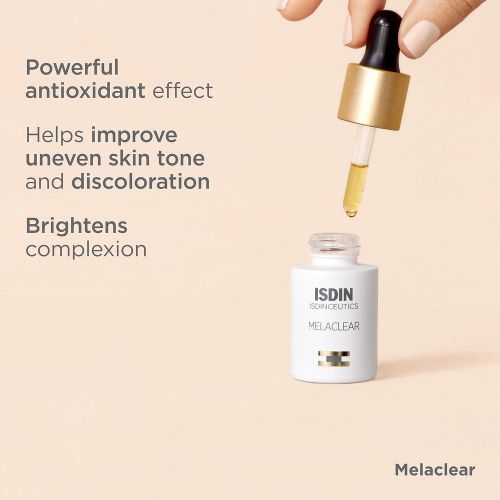 Isdin Melaclear serum texture close-up highlighting lightweight, fast-absorbing formula
