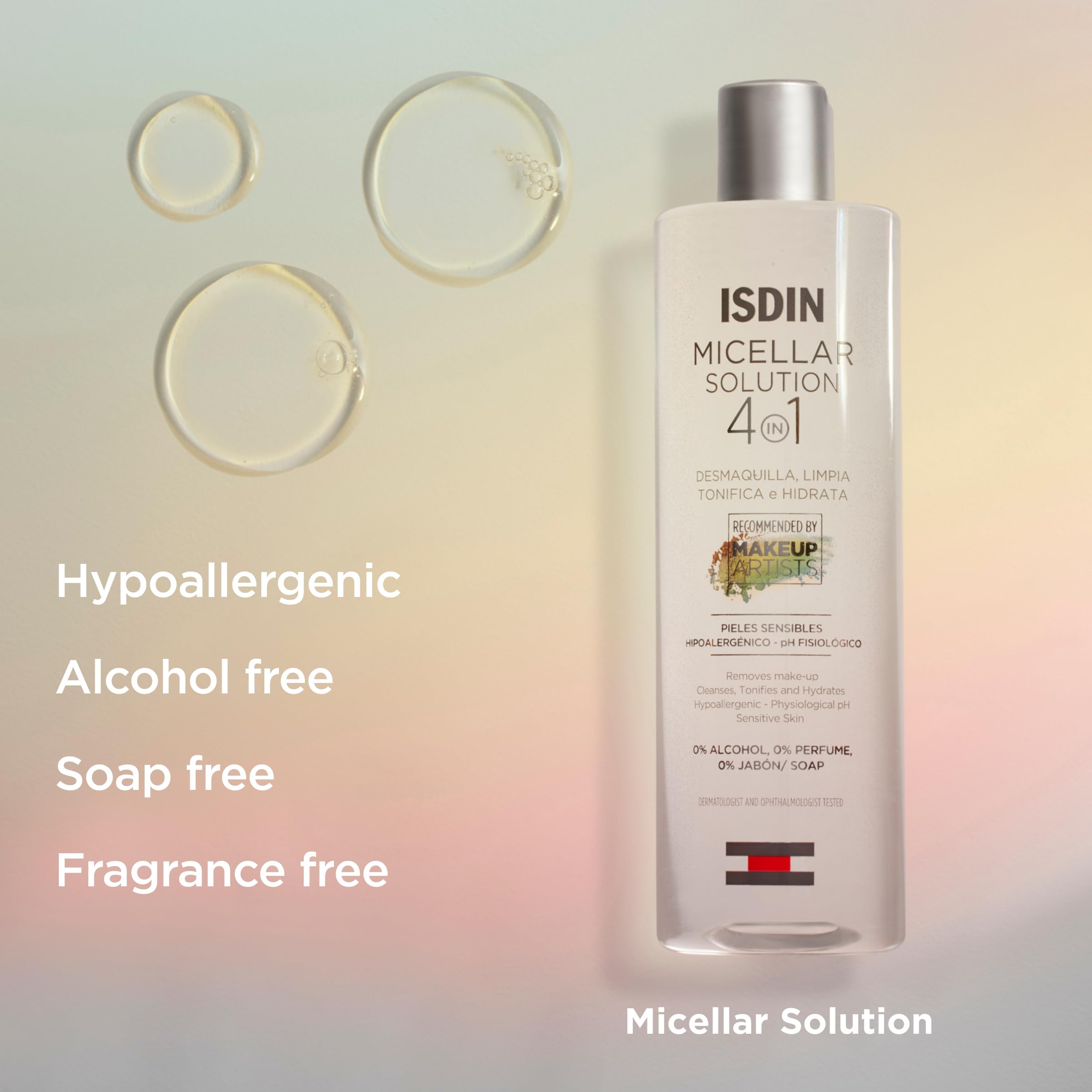 ISDIN Micellar 4-in-1 bottle close-up highlights alcohol-free formula for sensitive skin