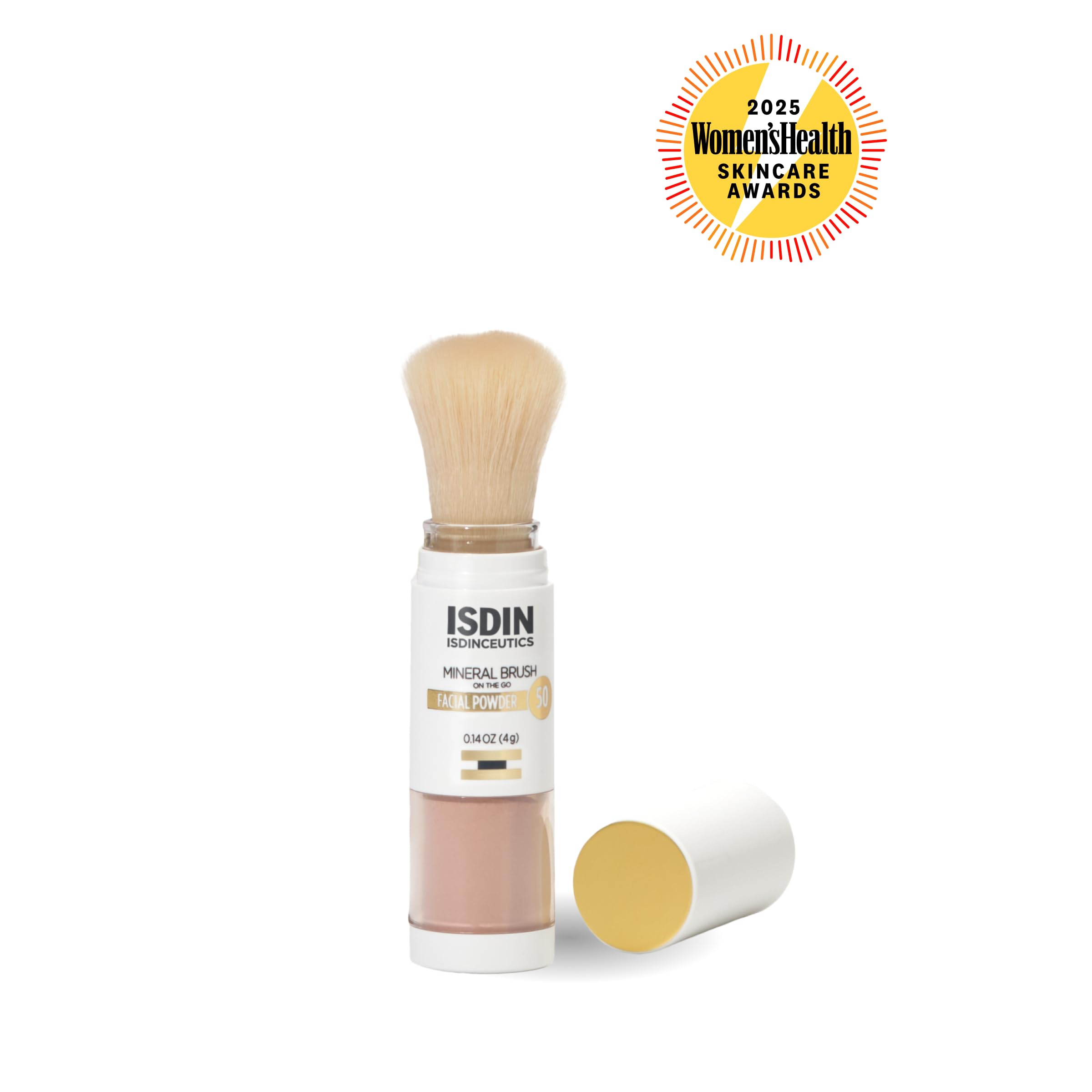 ISDIN Mineral Brush Powder brush in hand ready for quick, breathable daytime touchups.
