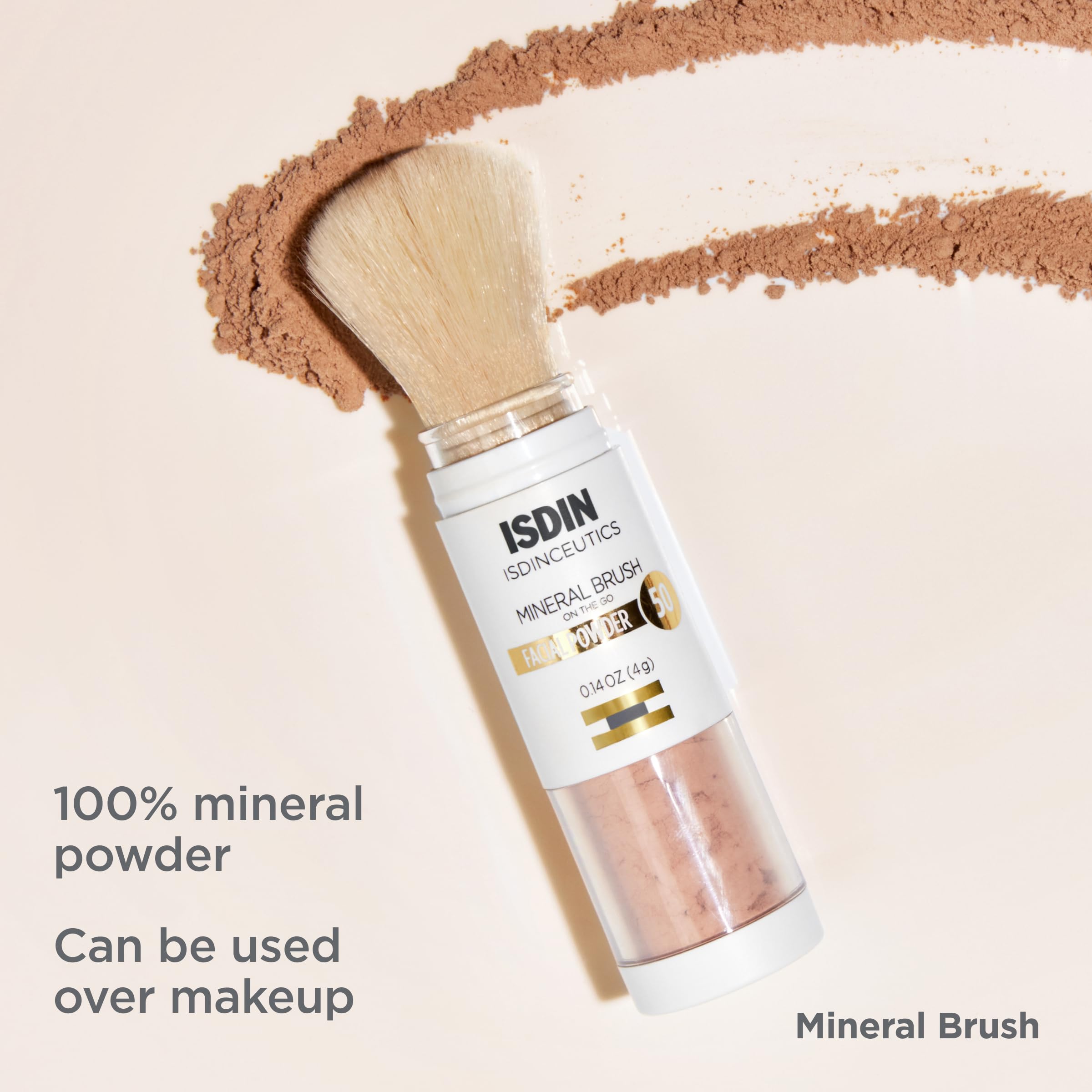 ISDIN Mineral Brush Powder hand motion shows powder flow ready on demand.