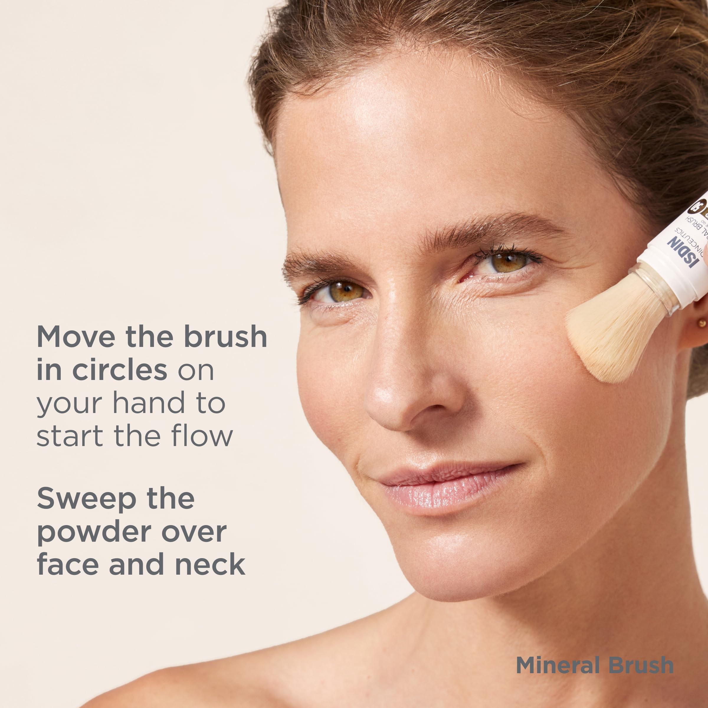 ISDIN Mineral Brush Powder swatches on skin demonstrate texture and tone adjustment.