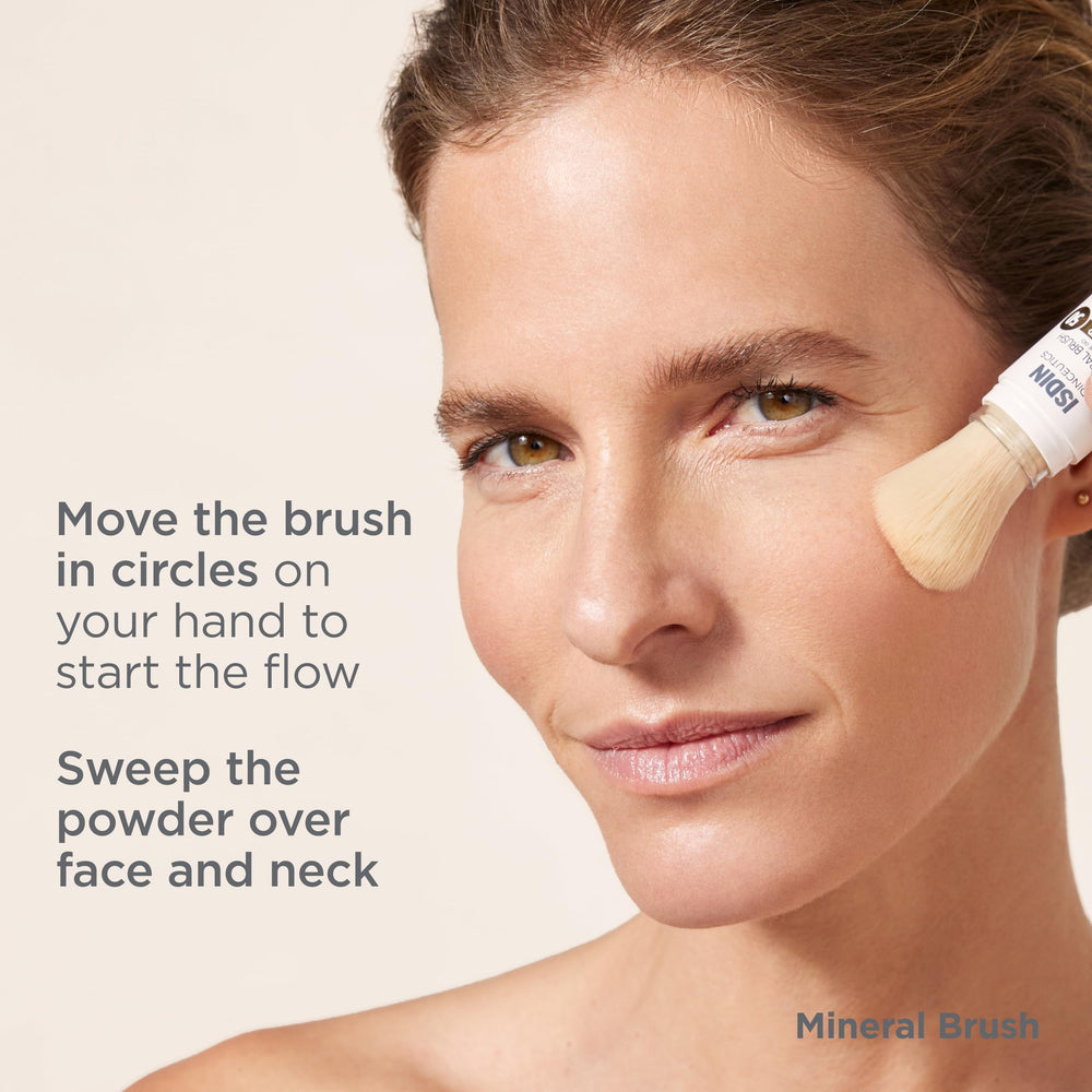 ISDIN Mineral Brush Powder swatches on skin demonstrate texture and tone adjustment.