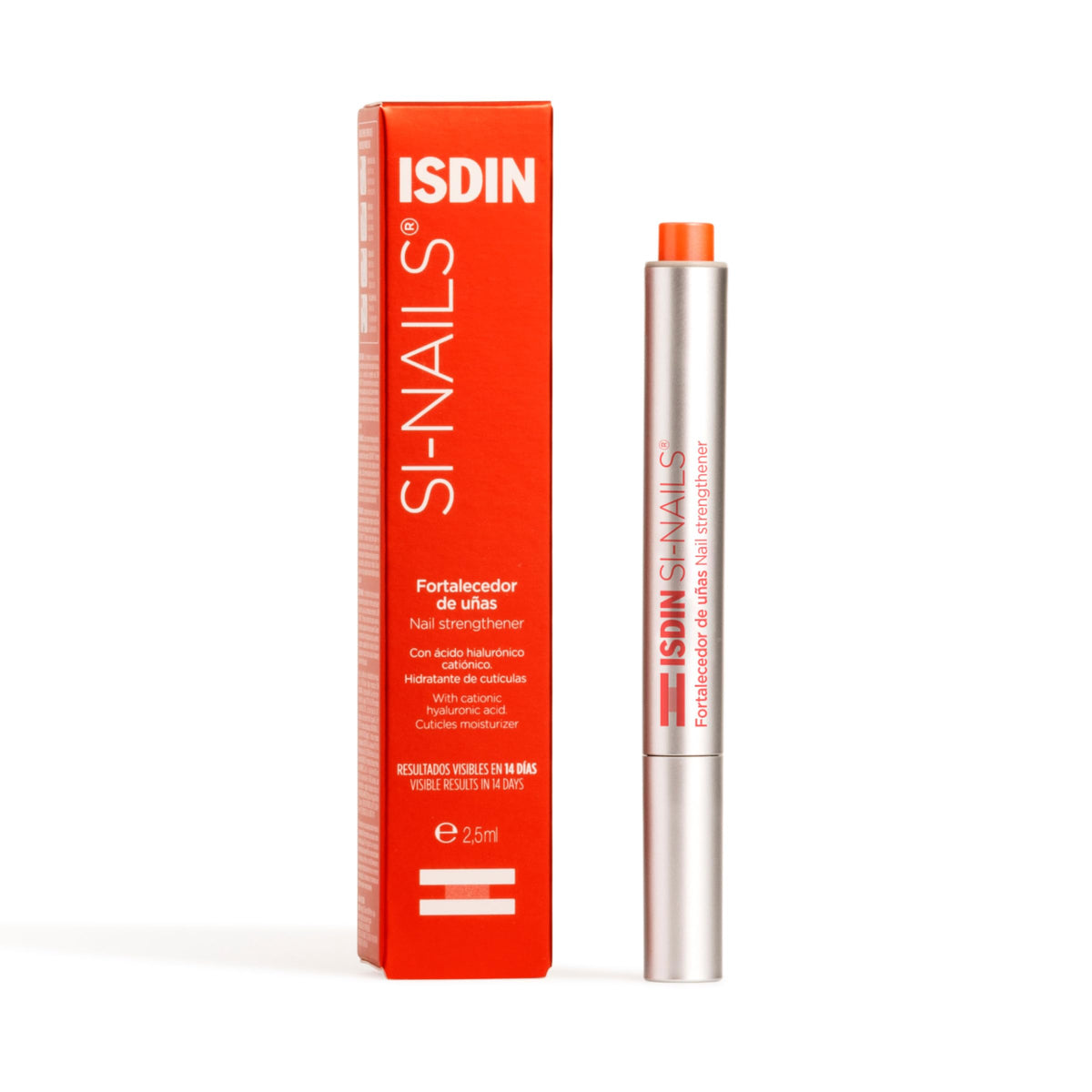 ISDIN Si-Nails bottle closeup shows fast-absorbing serum for stronger nails.