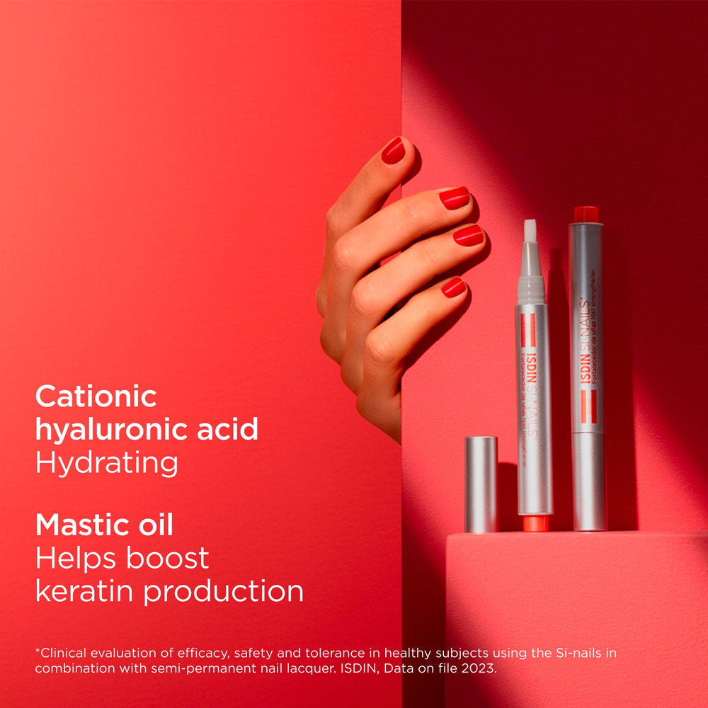 ISDIN Si-Nails product shot emphasizes cuticle moisturization by hyaluronic acid.