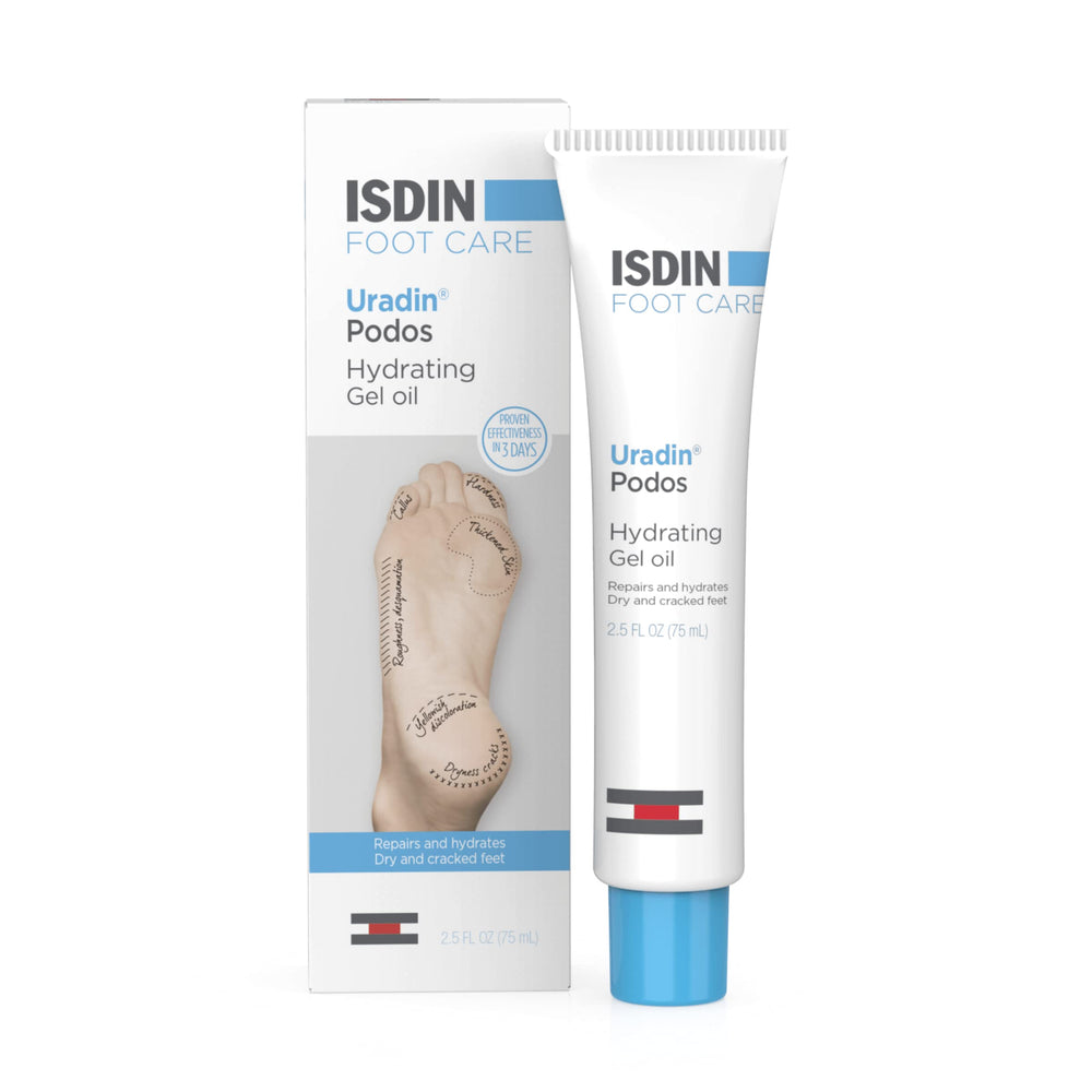 ISDIN Uradin Podos Gel Oil on heel showing hydration for dry skin
