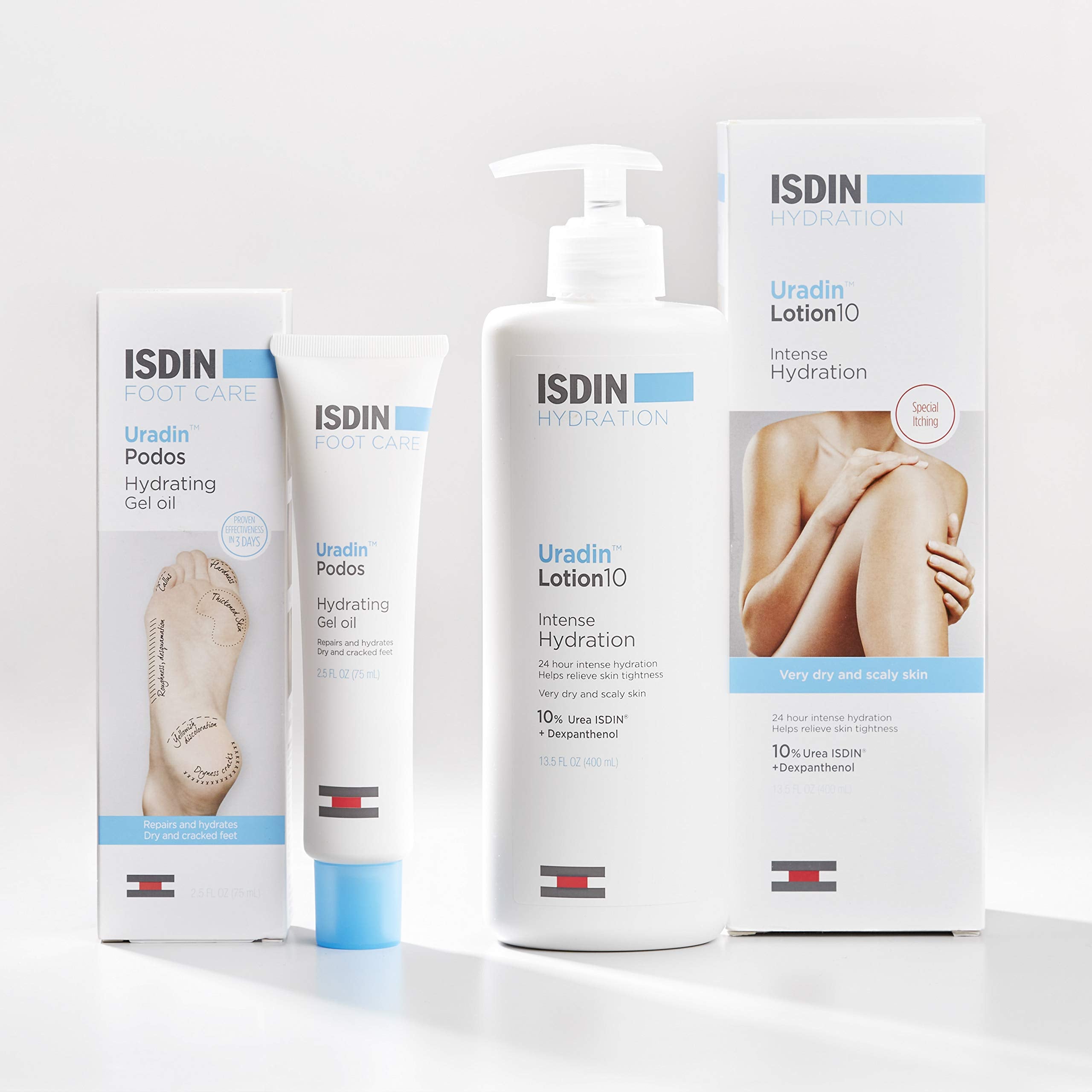 ISDIN Uradin Podos Gel Oil ingredients; shows 10% urea and hyaluronic acid