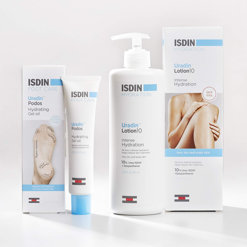 ISDIN Uradin Podos Gel Oil ingredients; shows 10% urea and hyaluronic acid