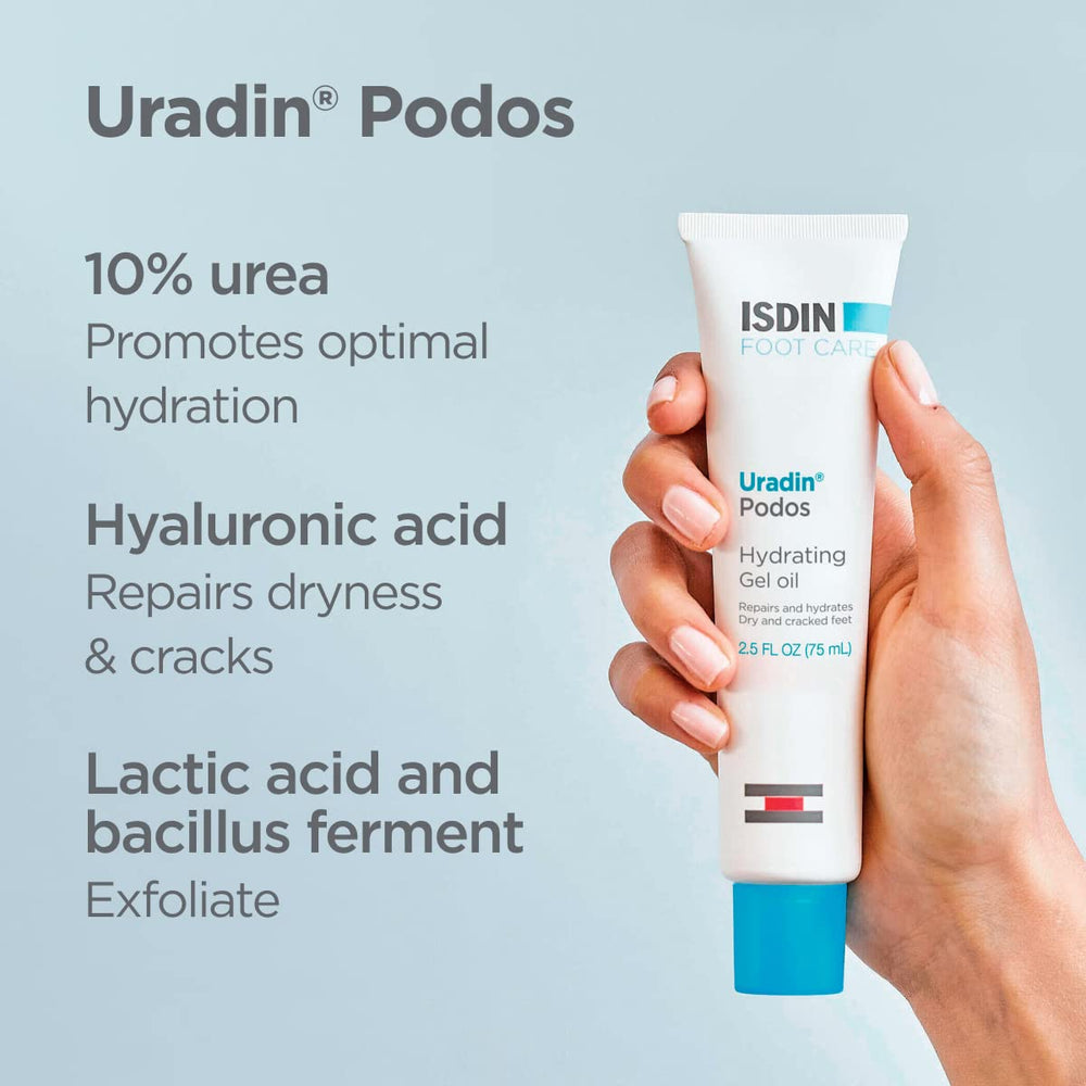 ISDIN Uradin Podos Gel Oil applied to sole near the heel for smoother skin