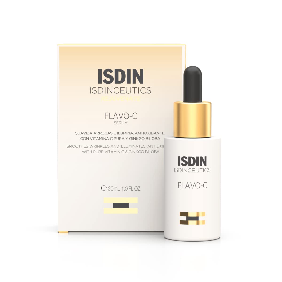 ISDIN Flavo-C bottle front shows brightening serum for daily antioxidant protection.