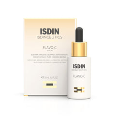 ISDIN Flavo-C bottle front shows brightening serum for daily antioxidant protection.