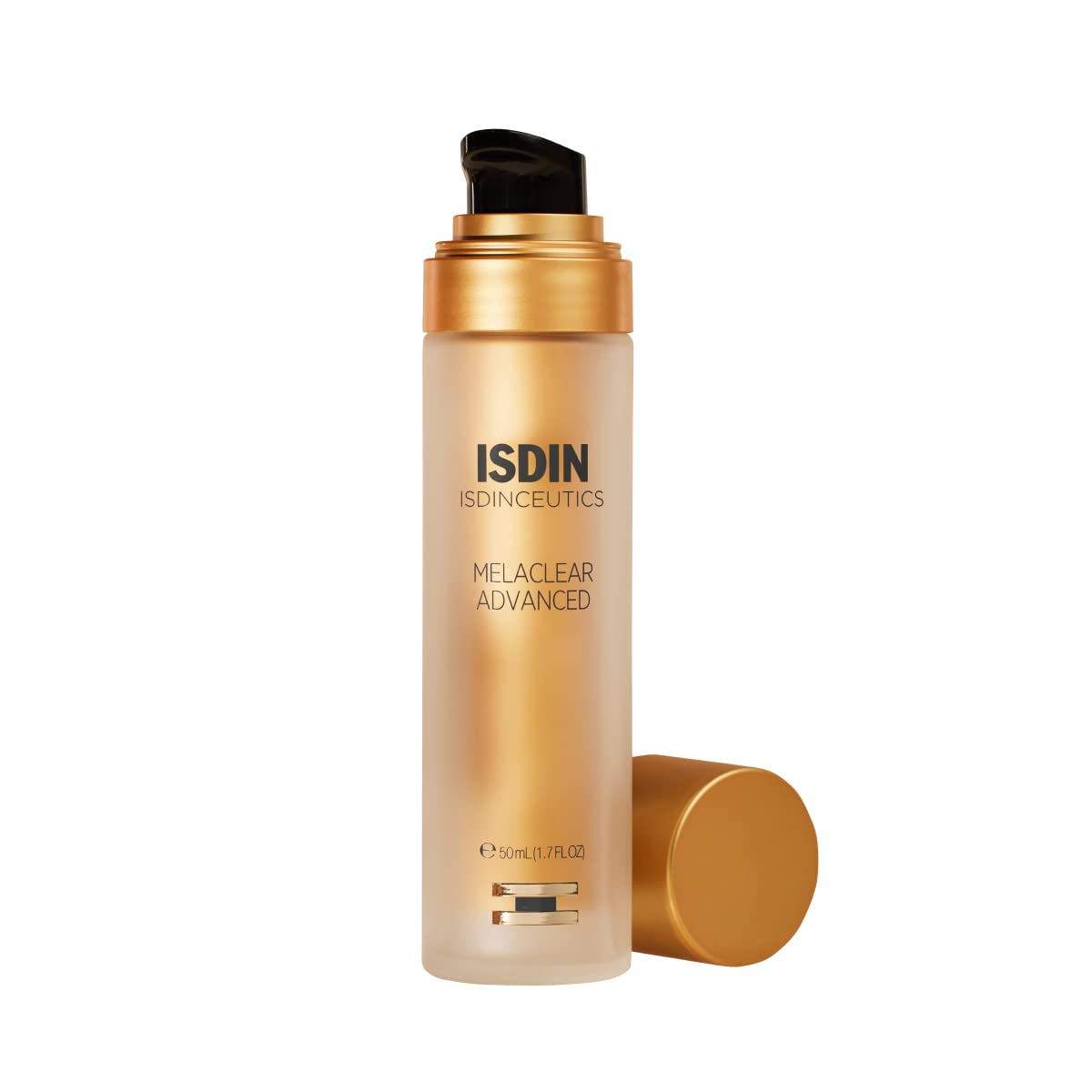 ISDIN Melaclear Advanced bottle showcases sleek packaging for pigment correction.