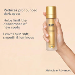Niacinamide close-up on ISDIN Melaclear Advanced emphasizes brightening and hydration support.