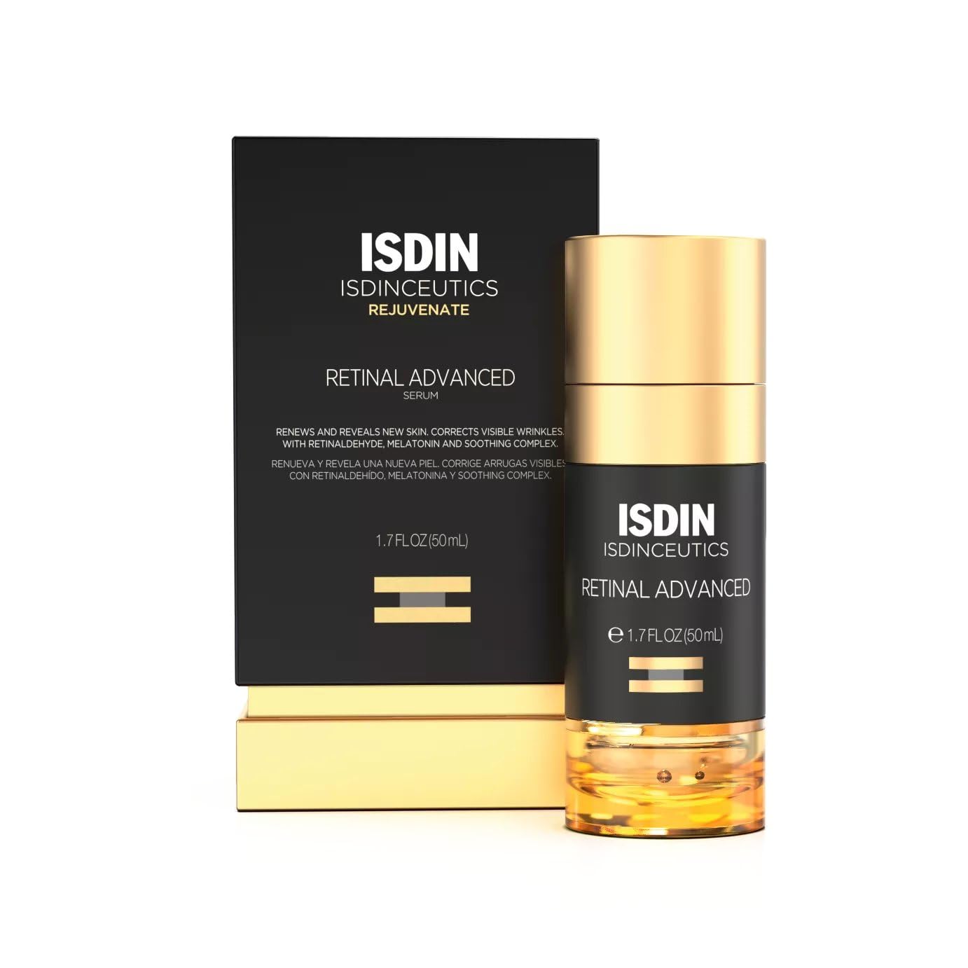 ISDIN Isdinceutics Retinal Advanced bottle closeup highlighting retinaldehyde for nightly skin refinement.